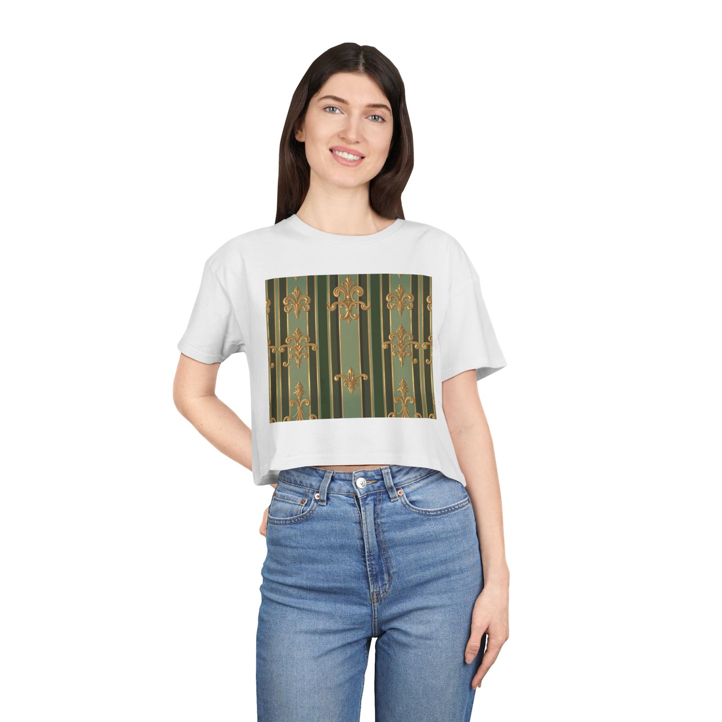 Chic Baroque Women's Crop Tee, Trendy Summer Top, Casual Outing Shirt, Stylish Layering Piece, Gift for Her - Green Striped Gold Baroque