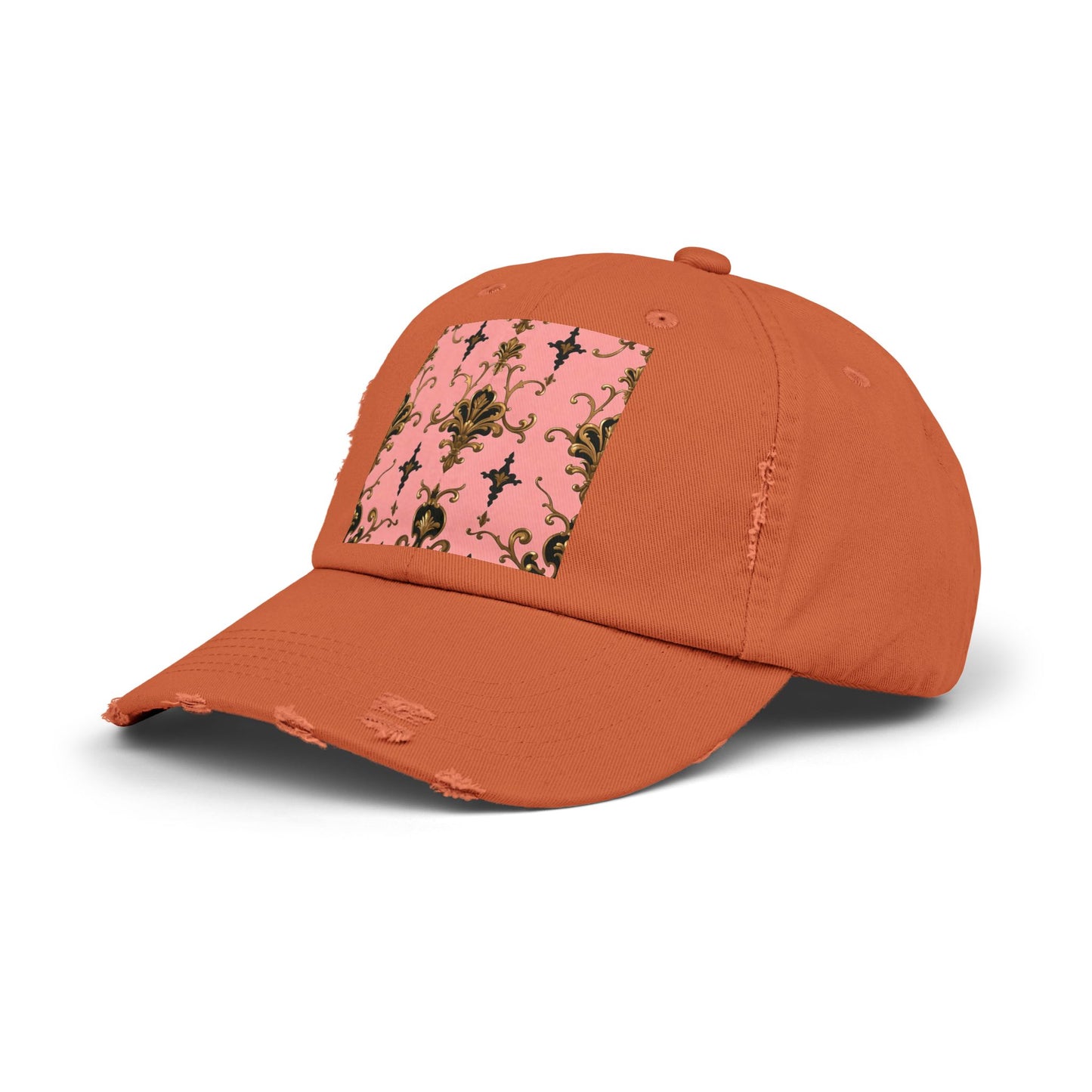Chic Distressed Cap, Fashionable Baseball Hat, Casual Summer Headwear - Pink, Black & Gold Rococo