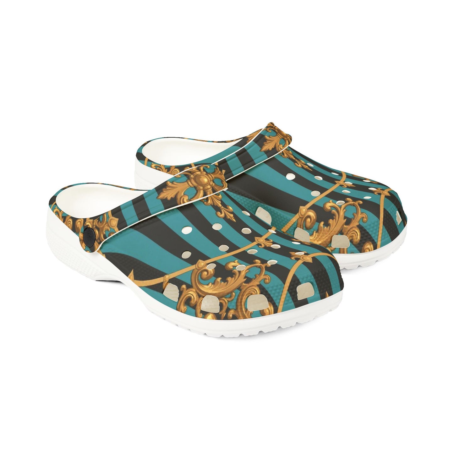 Stylish Turquoise & Black Striped Gold Baroque EVA Foam Rubber Shoes with Elegant Gold Pattern, Casual Footwear