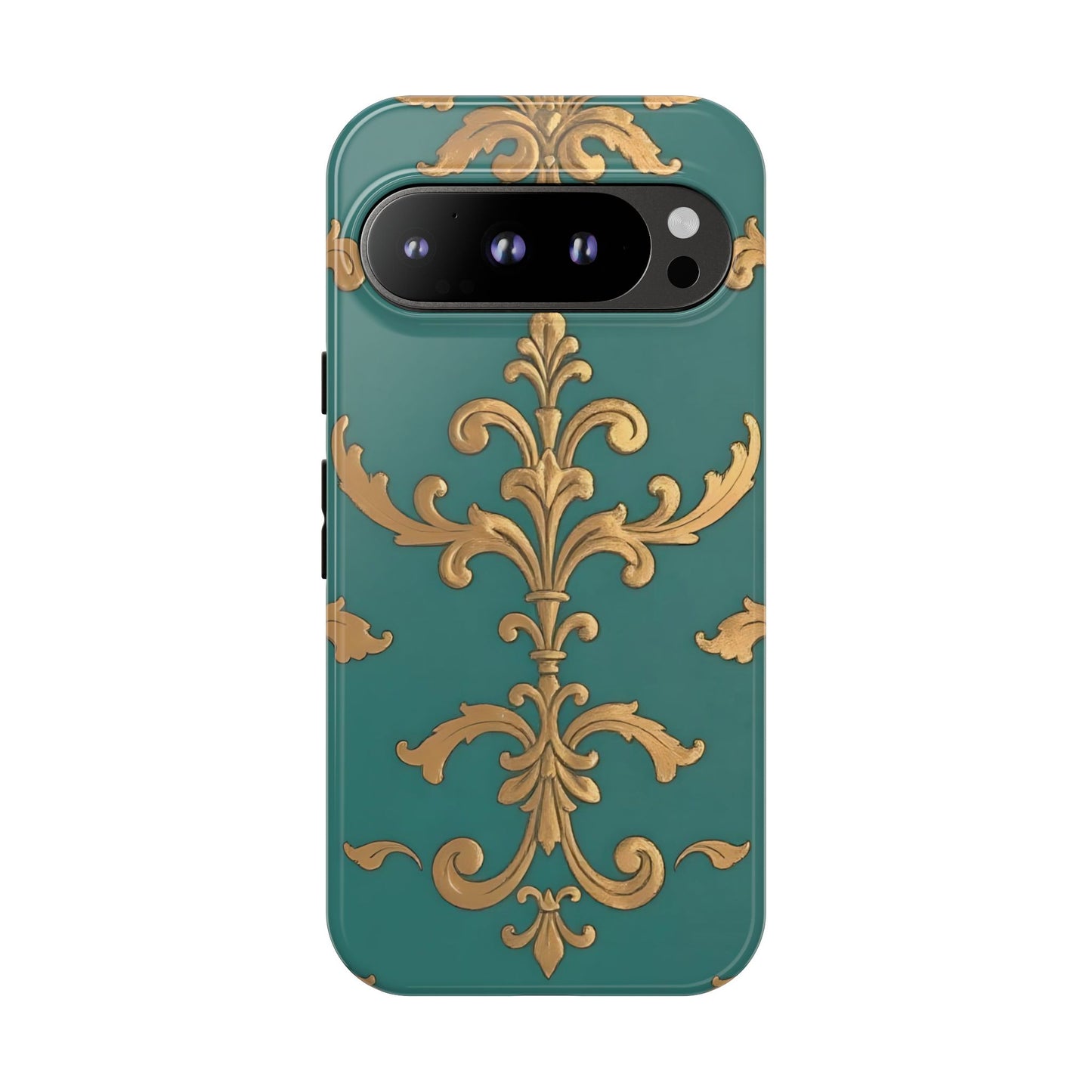 Elegant Floral Motif Phone Case - Tough Cases with Vintage Design - Aqua & Gold Damask