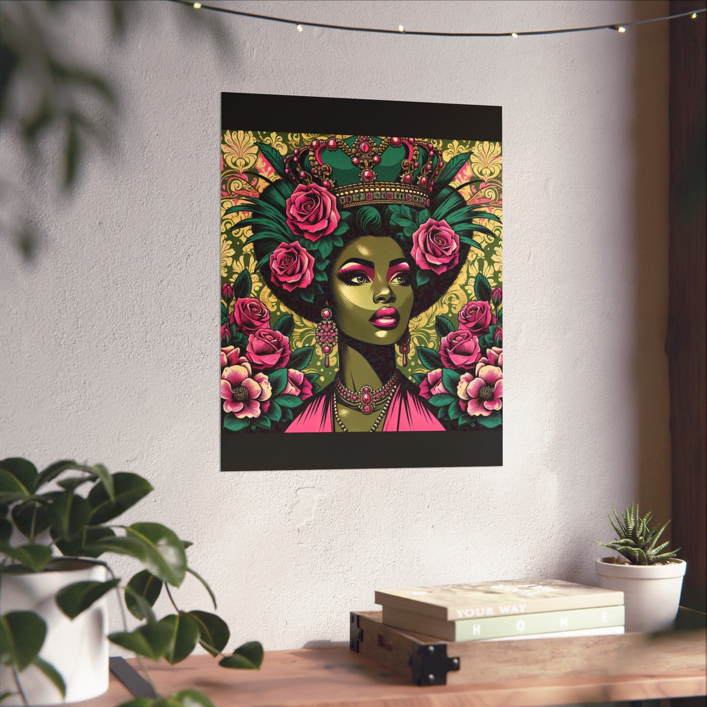 Floral Afro Art Poster - Elegant Matte Vertical Wall Decor - Olive Green Lady & Damask