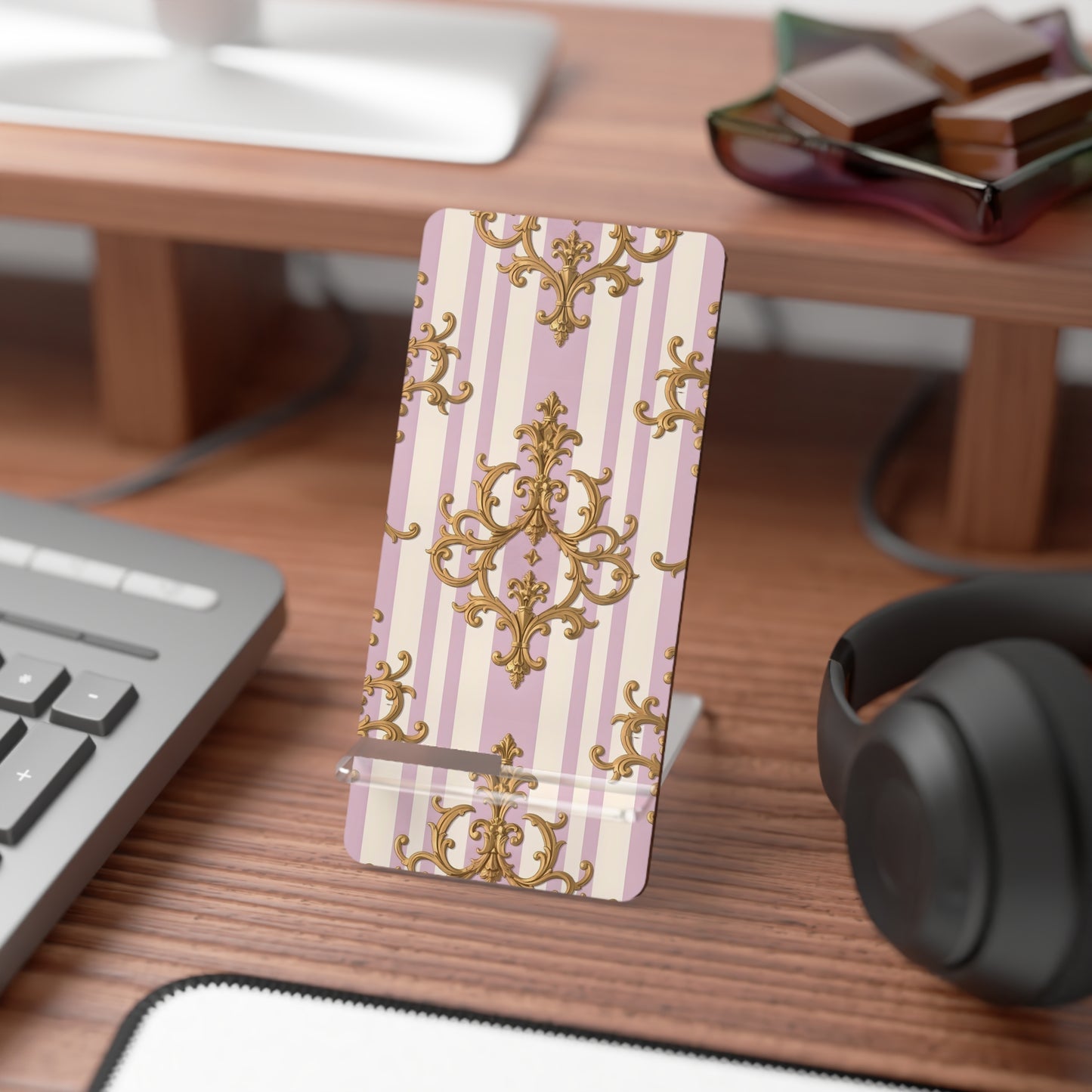 Chic Phone Stand for Stylish Smart Devices, Decorative Mobile Holder for Home & Office - Lilac & Alabaster Striped Gold Baroque