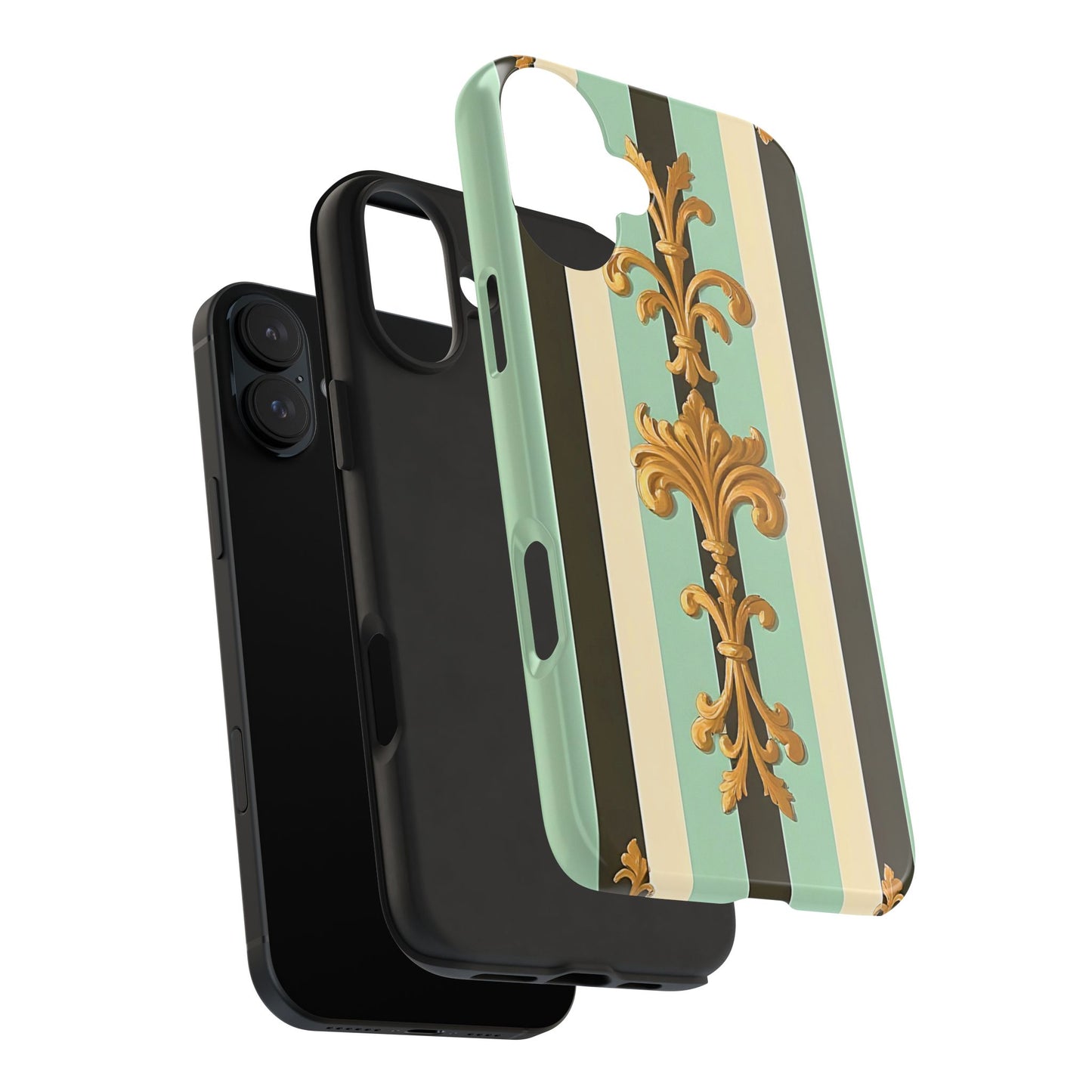 Elegant Floral Tough Phone Cases - Stylish Protection for All Occasions, Gifts for Her, Phone Covers - Black & Matte Mint Striped Rococo