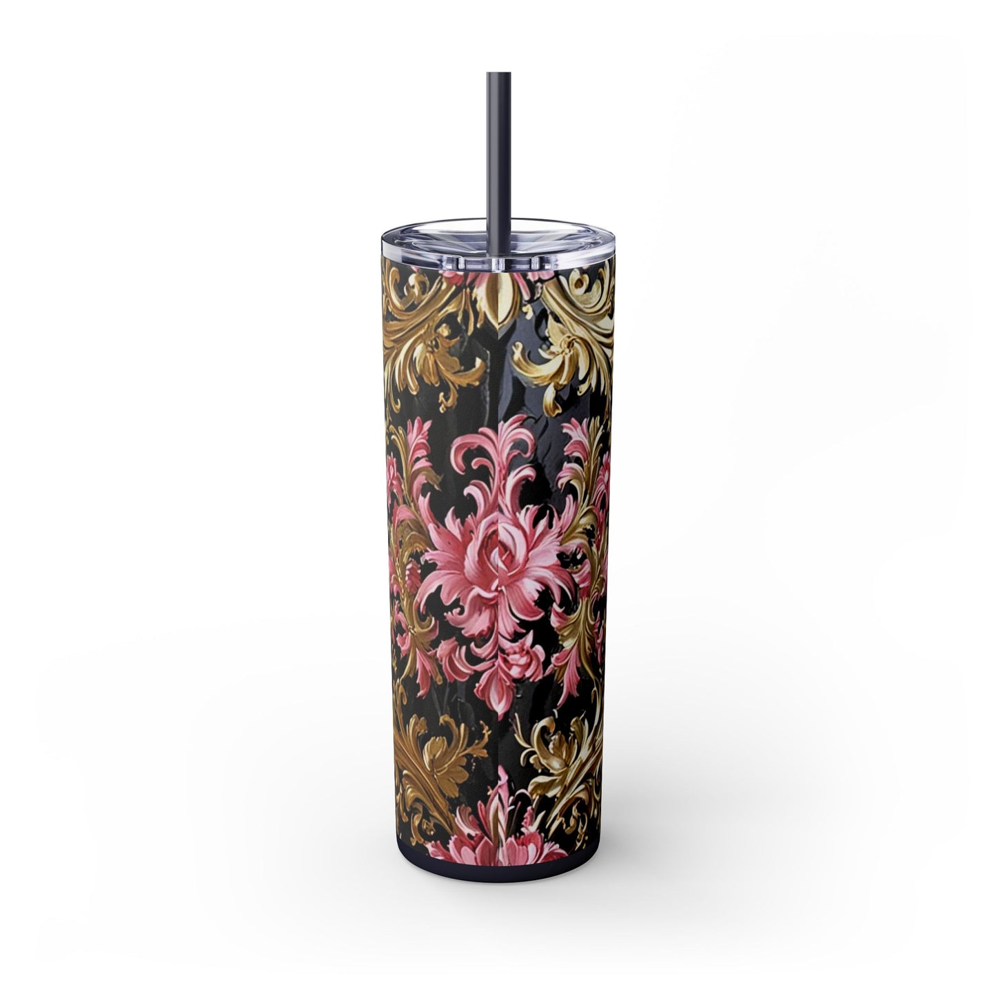 Chic Floral Skinny Tumbler with Straw, 20oz - Elegant Drinkware for Tea Lovers, Travel Mugs, Gifts for Her - Black & Pink Oil Painting Style Rococo