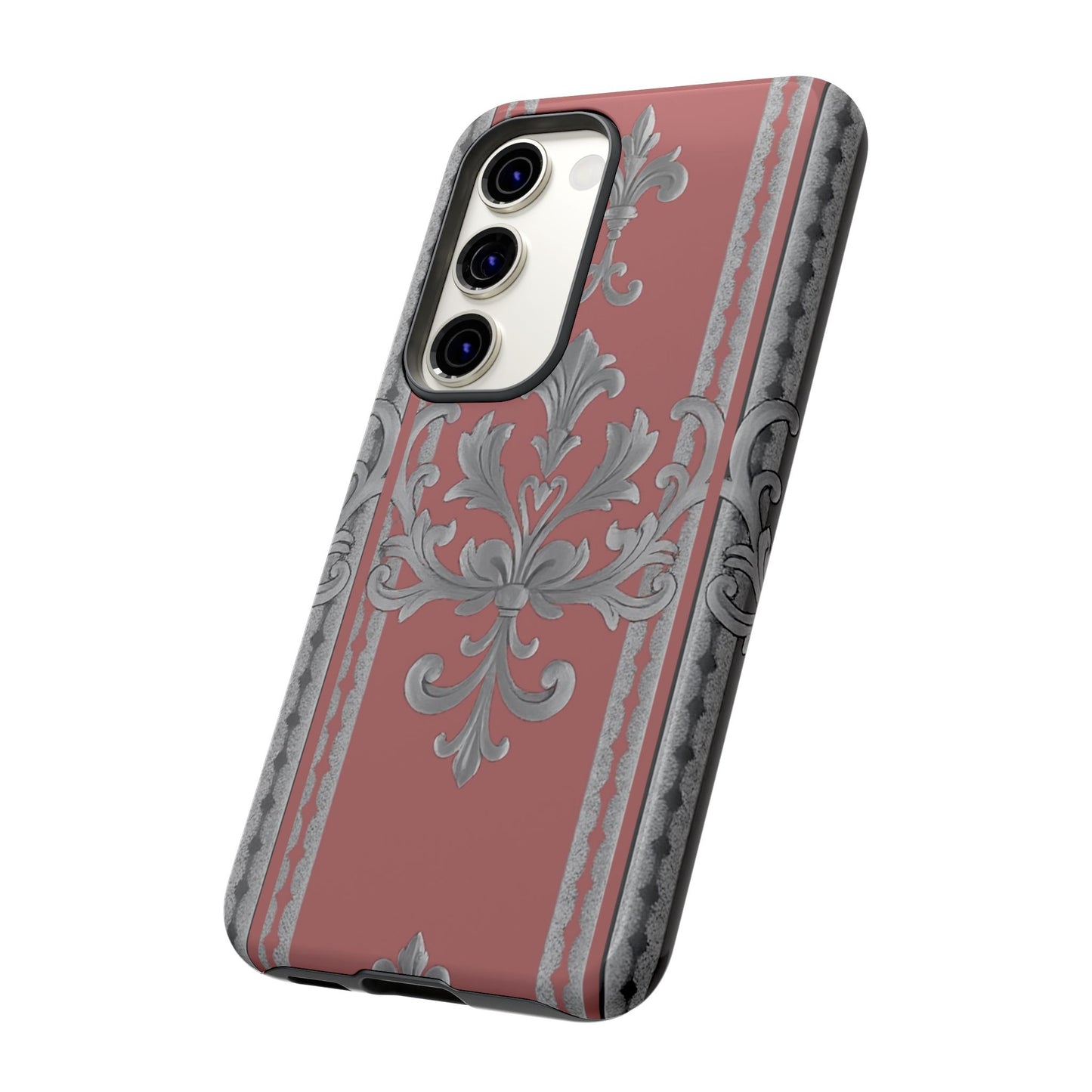 Elegant Floral Phone Case - Tough Cases for Stylish Protection - Gray & Mauve Striped Baroque