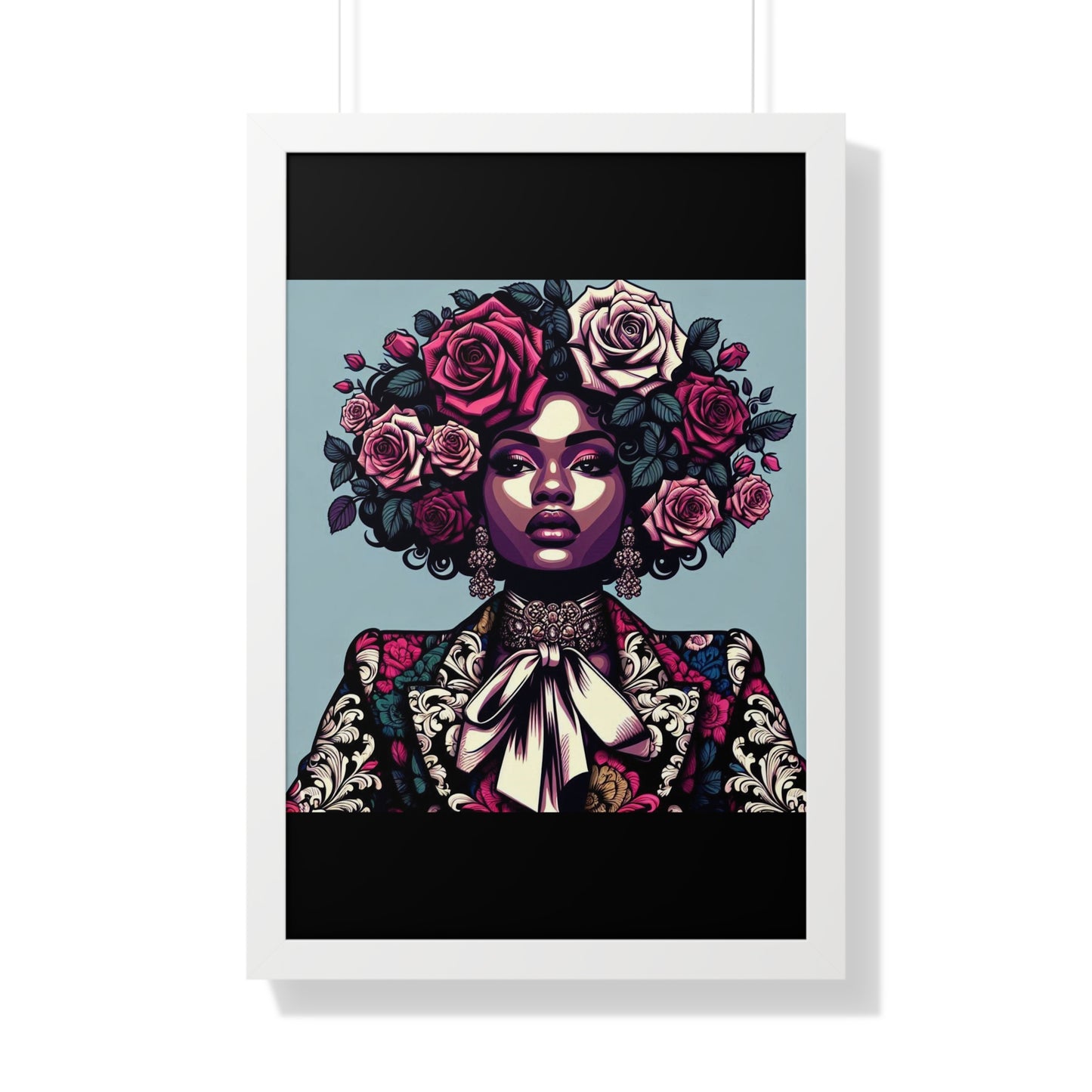 Vertical Poster -  Lady In Damask Suit & Roses Wall Art