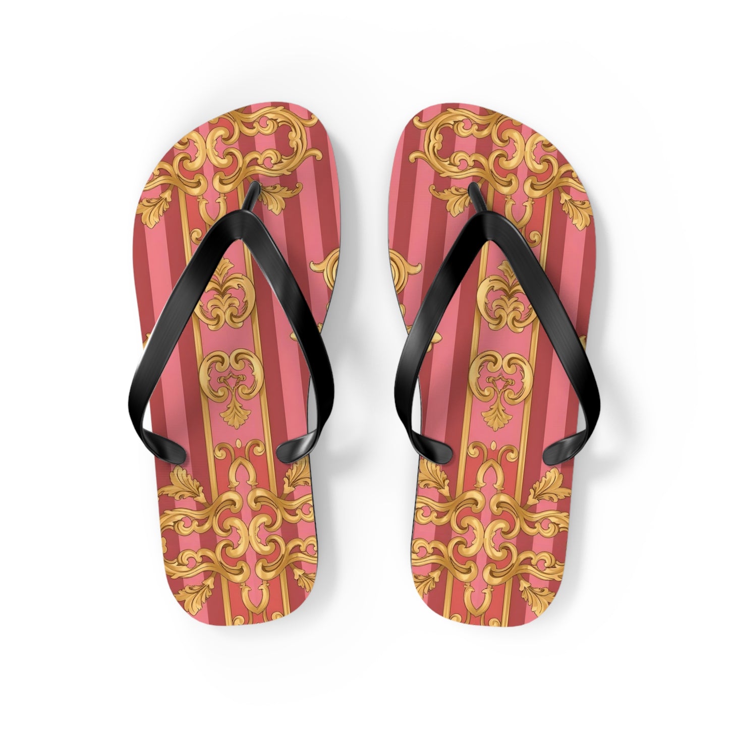 Elegant Floral Flip Flops, Summer Sandals, Beach Accessories, Vacation Footwear, Stylish Slip-Ons - Pink Striped Gold Baroque
