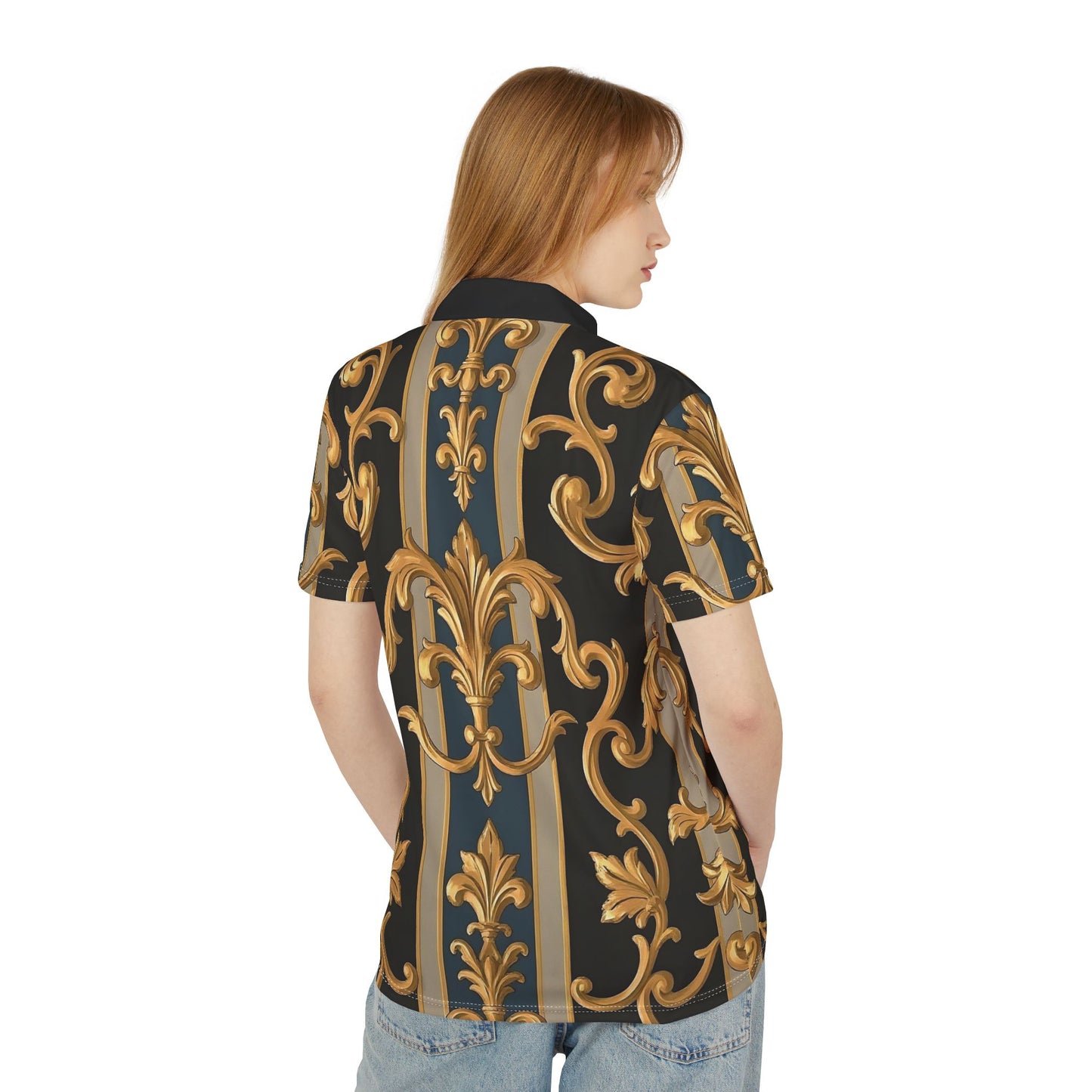 Elegant AOP Unisex Polo Shirt - Stylish Floral Pattern Tee, Perfect for Casual Outings - Blue & Black Striped Rococo