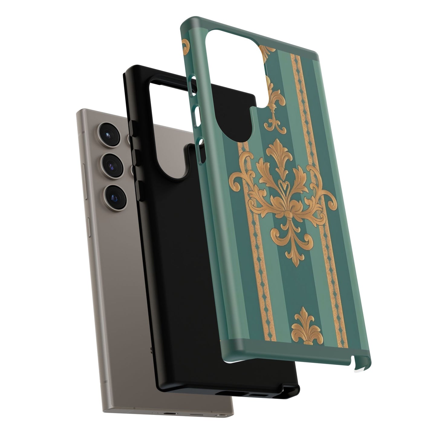 Elegant Floral Motif Phone Case - Tough Cases with Vintage Design - Teal Striped Gold Damask