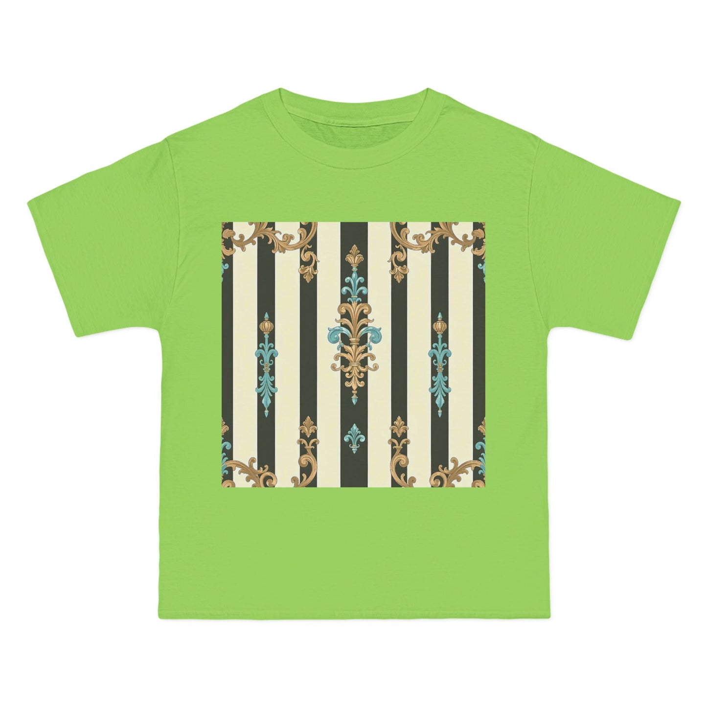 Elegant Floral Pattern Tee, Vintage Style T-Shirt, Gift for Her, Casual Outfit - Black Striped Turquoise & Black Rococo