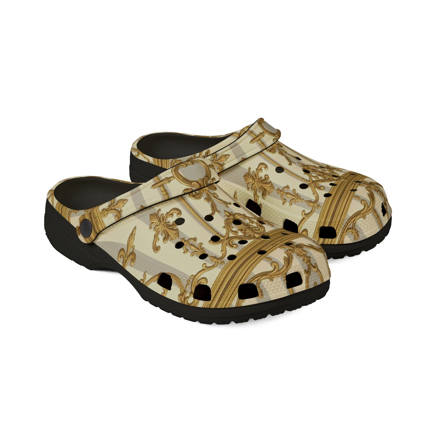 Elegant AOP EVA Foam Rubber Shoes for Home, Indoor Use, Garden, Stylish Comfort Footwear - Matte Gray & Cream Striped Gold Baroque