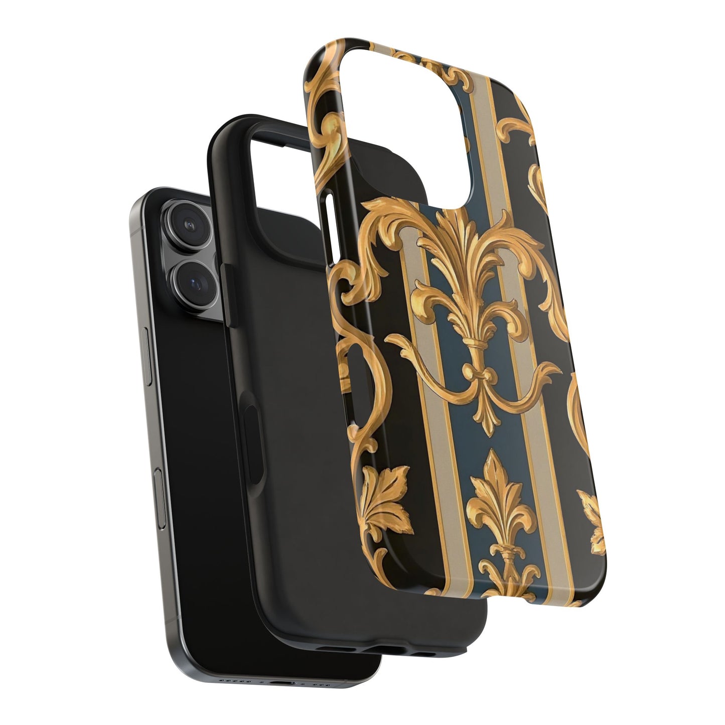 Elegant Rococo Phone Cases, Tough iPhone Case, Floral Design Case, Luxury Phone Cover - Blue & Black Striped Rococo