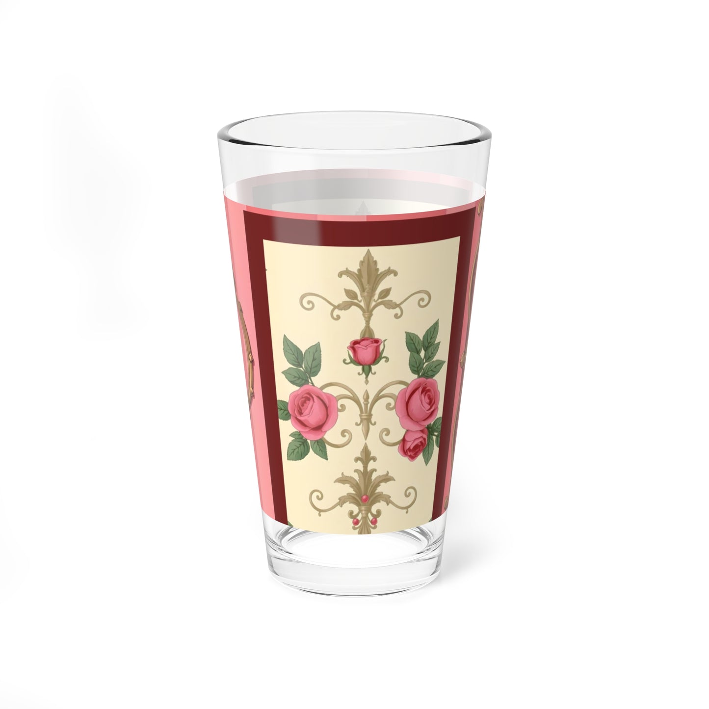 Elegant Floral Mixing Glass - 16oz Cocktail Cup for Home Bar - Pink Striped Baroque & Roses