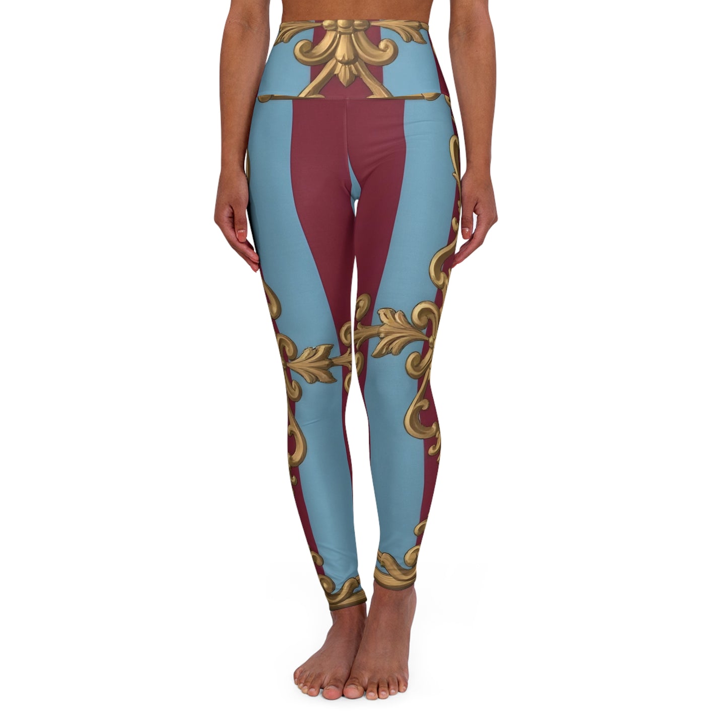 Stylish High Waisted Yoga Leggings with Elegant Pattern, Yoga Pants, Workout Leggings, Activewear - Sky Blue & Maroon Striped Baroque