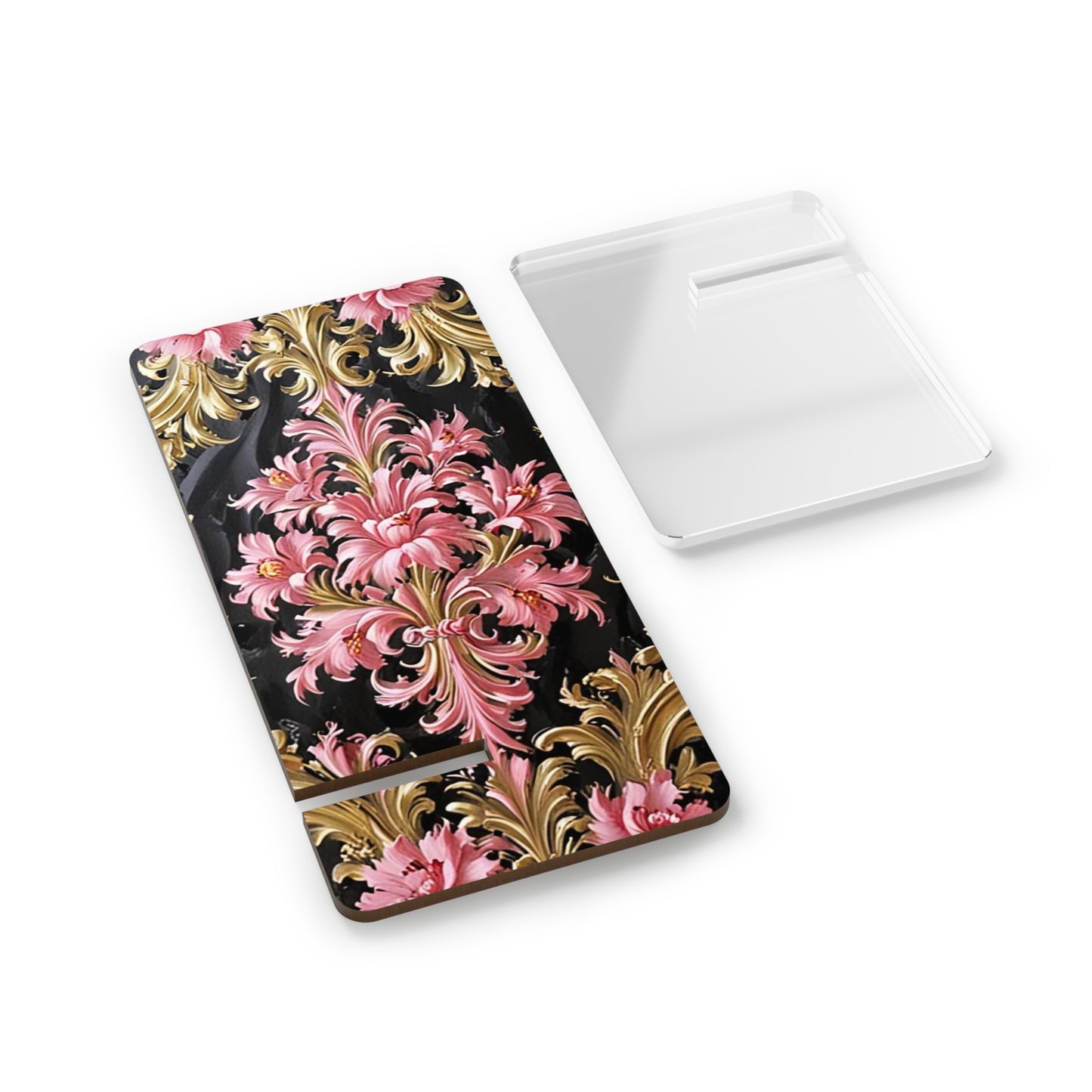 Elegant Floral Mobile Display Stand, Phone Holder, Desk Organizer, Gift for Smartphone Users - Black & Pink Oil Painting Style Rococo