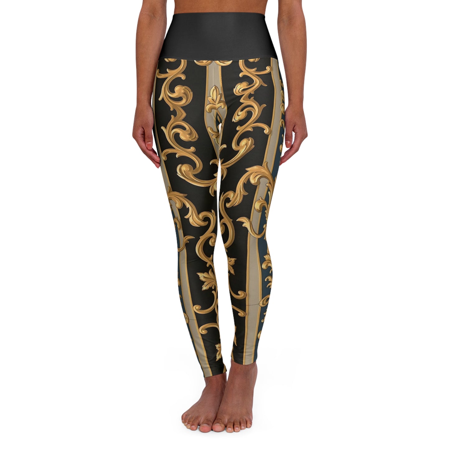 Elegant Floral High Waisted Yoga Leggings, Workout Leggings, Athleisure Pants, Fitness Fashion, Daily Wear - Blue & Black Striped Rococo