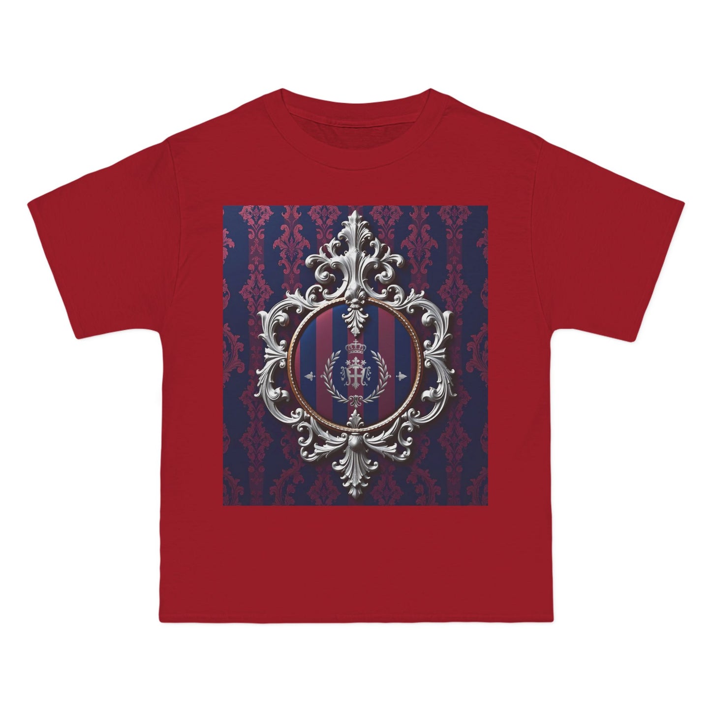 Elegant Unisex Graphic T-Shirt - Vintage Inspired, Casual Wear, Unique Gift, Art Tee, Fashion Statement - Blue & Plum Striped Silver Crest