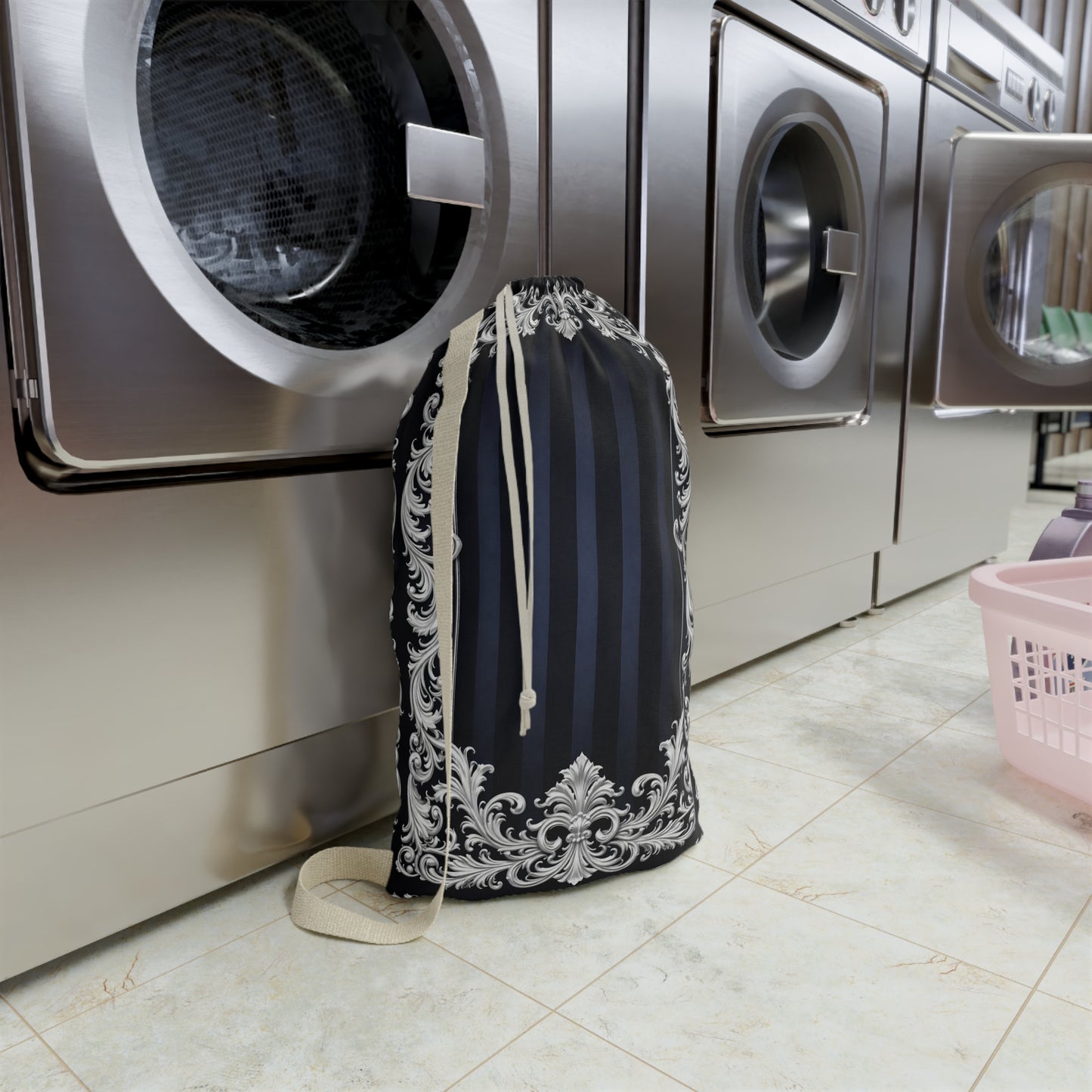 Navy Stripes & Baroque Laundry Bag — Elegant Navy Drawstring Hampers for Travel and Dorm