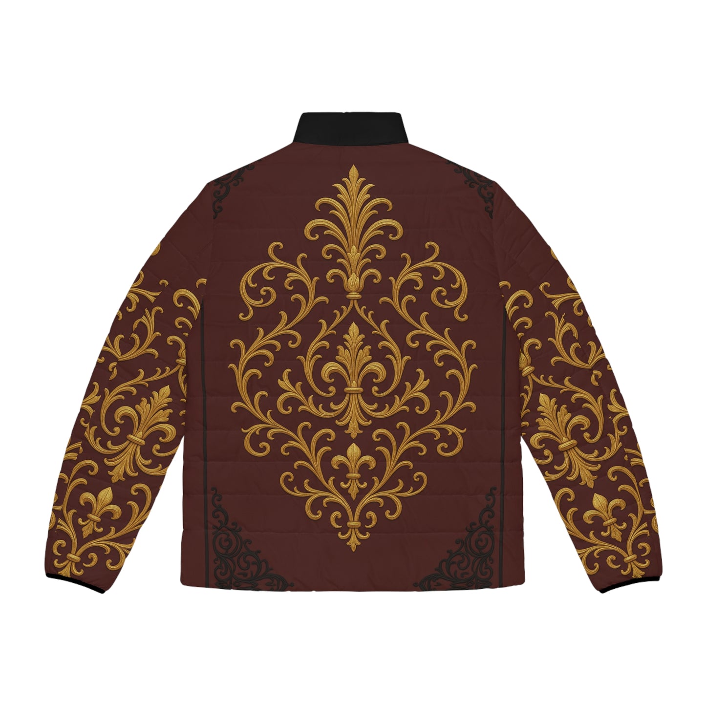 Dusk Burgundy-Black & Gold Baroque Scroll Men's Puffer Jacket