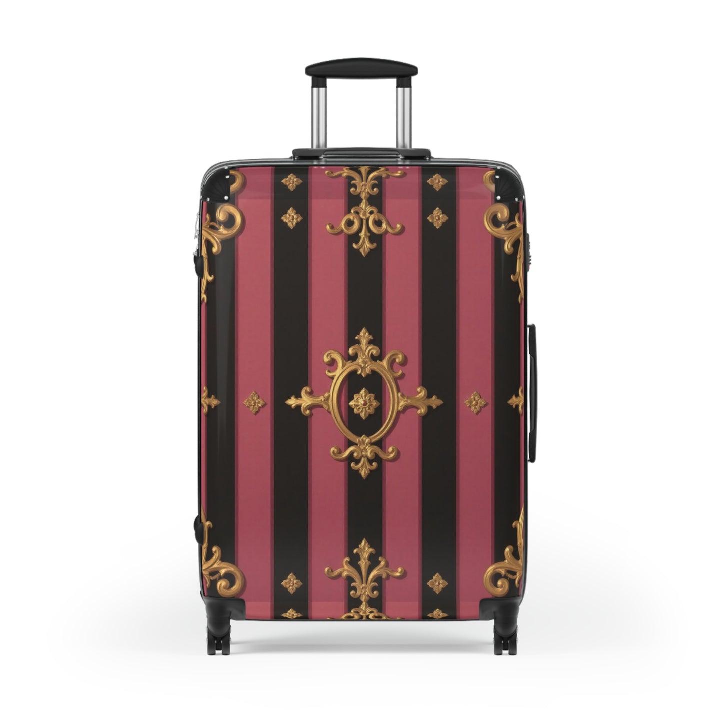Elegant Black & Mauve Striped Gold Baroque Suitcase, Travel Luggage, Designer Carry-On, Stylish Baggage for Fashion Lovers