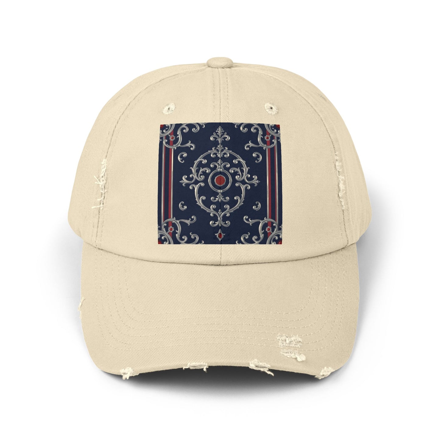 Stylish Unisex Distressed Cap with Ornate Design, Casual Hat for Outdoor Adventures, Beach Days - Blue & Red Silver Baroque