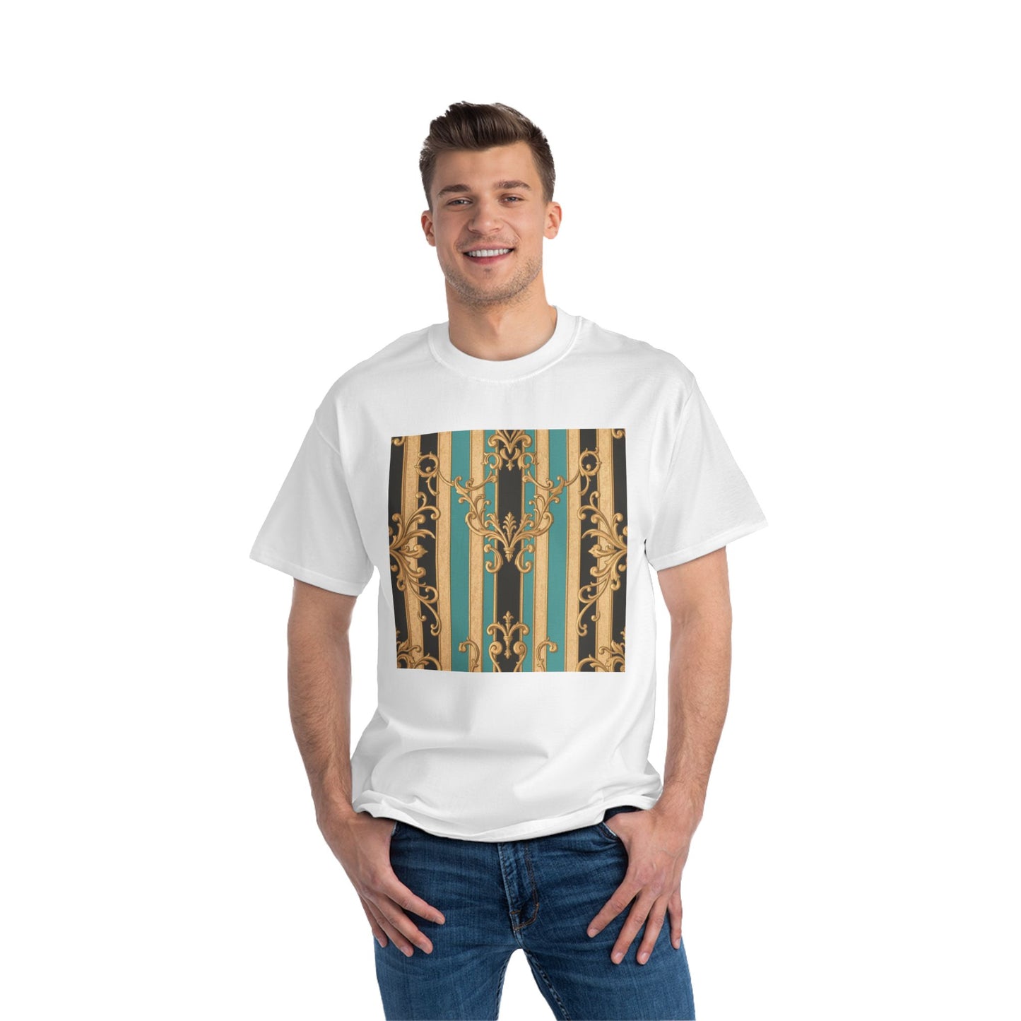 Chic Black, Tan & Ocean Green Striped Gold Baroque Vintage Pattern T-Shirt - Art Shirt, Stylish Casual Wear, Gifts & Everyday Fashion