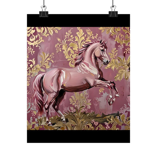 Floral Motif Art Poster - Elegant Matte Vertical Wall Decor - Mauve Horse & Gold Damask