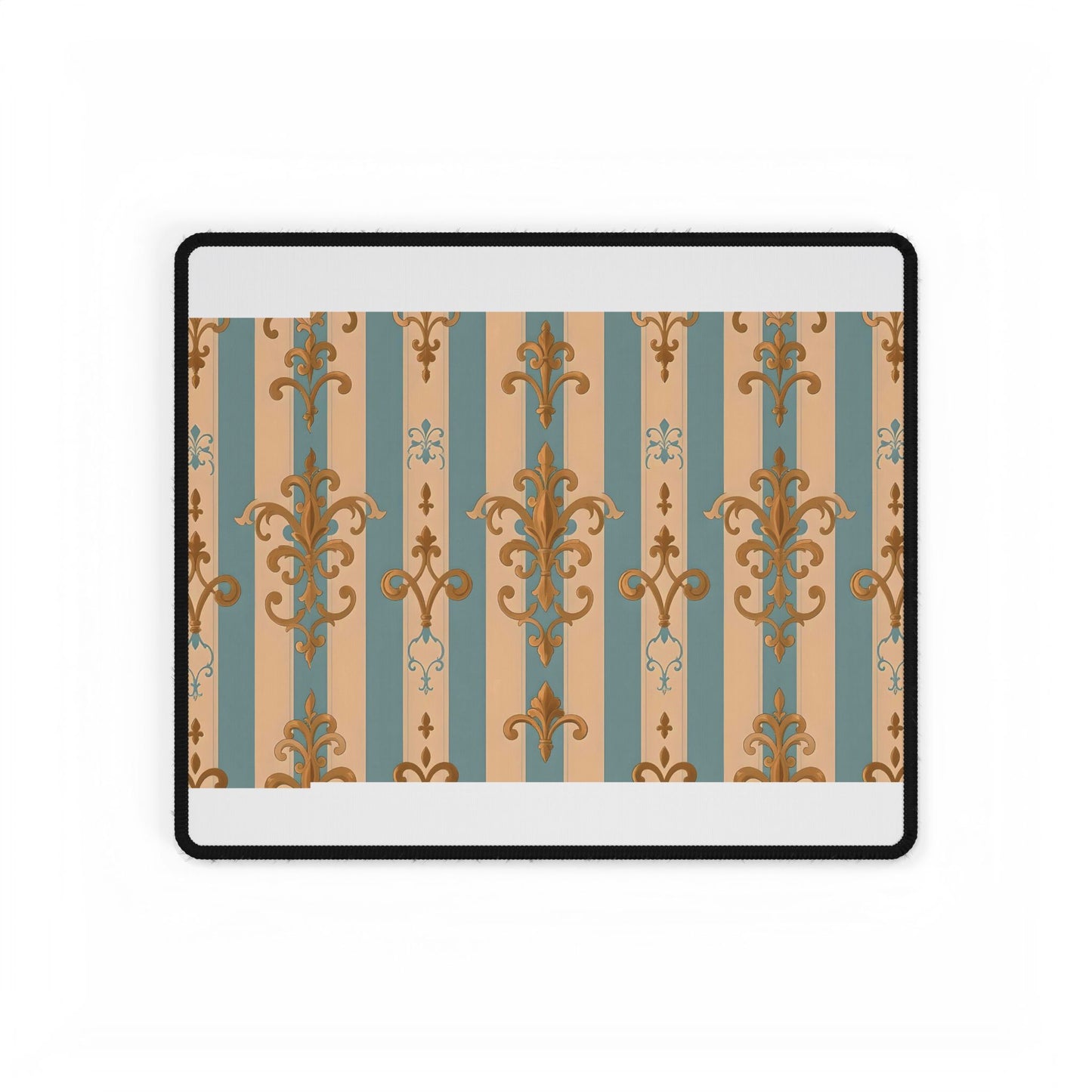 Elegant Floral Motif Desk Mat for Home Office Decor - Beige & Sky Blue Striped Gold Damask