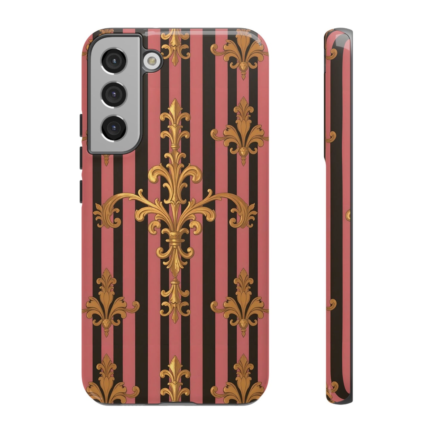 Elegant Floral Motif Phone Case - Tough Cases with Vintage Design - Mauve Striped Gold Damask