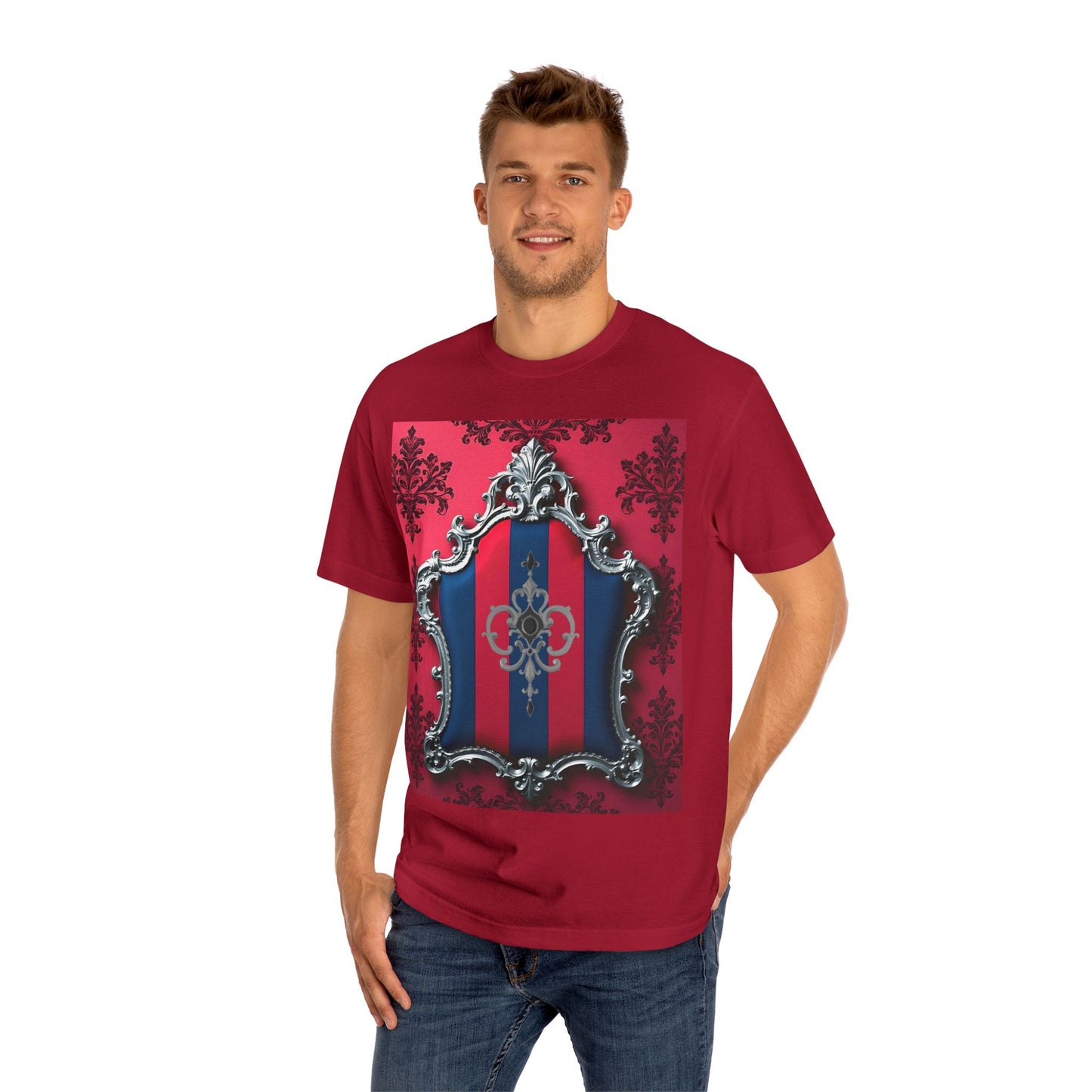 Vintage Couture Shield Unisex Classic Tee, Fashion T-Shirt, Gift for Fashion Lovers, Casual Wear, Unique Graphic Shirt - Blue & Red Striped Silver Crest