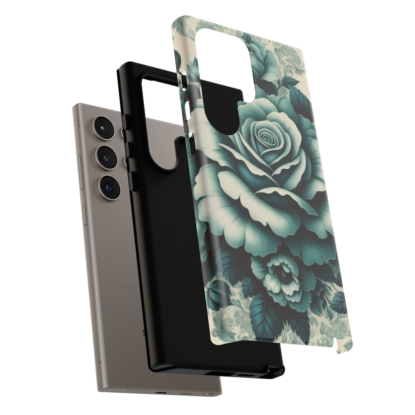 Elegant Floral Motif Phone Case - Tough Cases with Vintage Design - Teal Roses & Damask