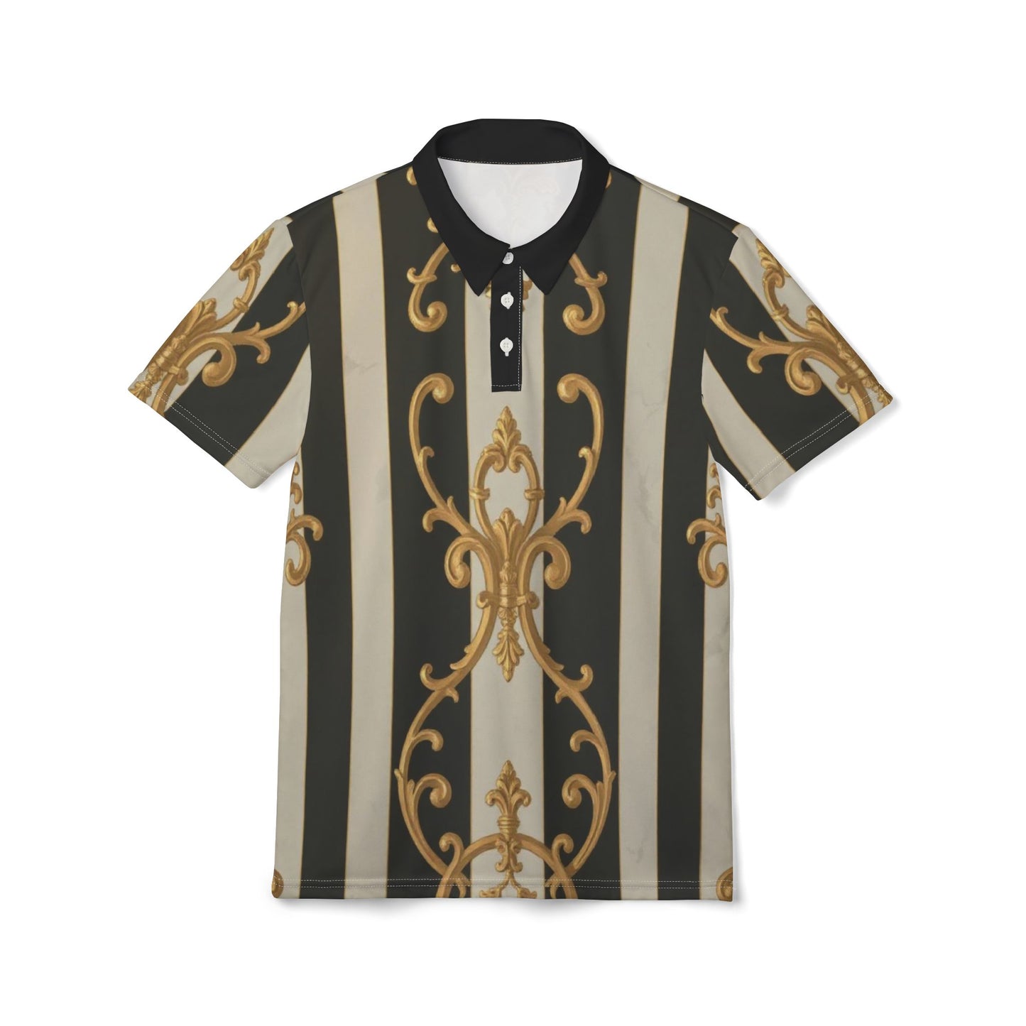 Elegant Black & Alabaster Striped Baroque Unisex Polo Shirt, Retro Style Top, Casual Chic Attire, Perfect for Parties, Spring Gatherings, Unique Gift