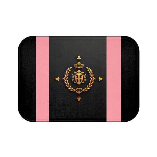 Chic Striped Bath Mat - Stylish Bathroom Decor, Luxury Bath Accessory, Trendy Home Style, Gift for Her, Self-Care Essentials - Pink Striped Gold Crest