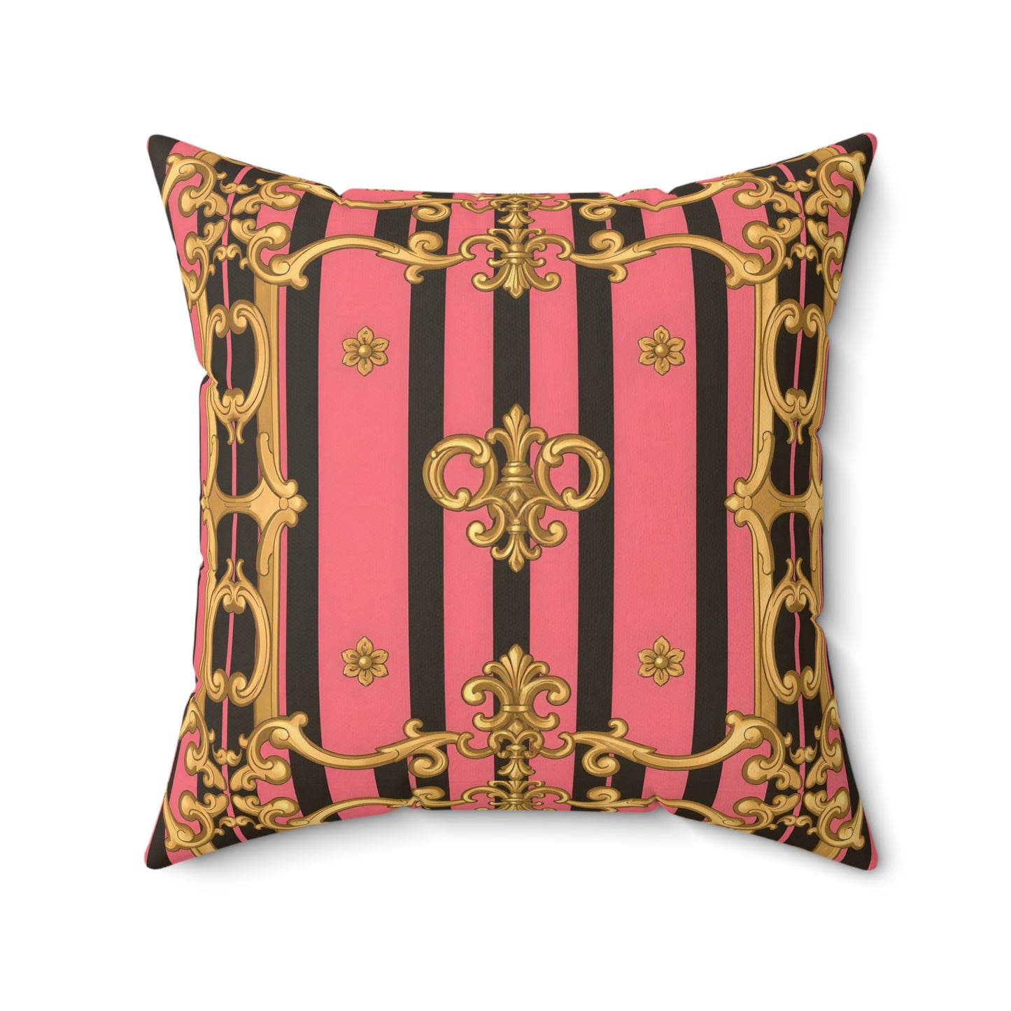 Ornate Faux Suede Pillow, Baroque Decor, Couch Cushion, Glamorous Throw Pillow - Pink & Black Striped Gold Baroque