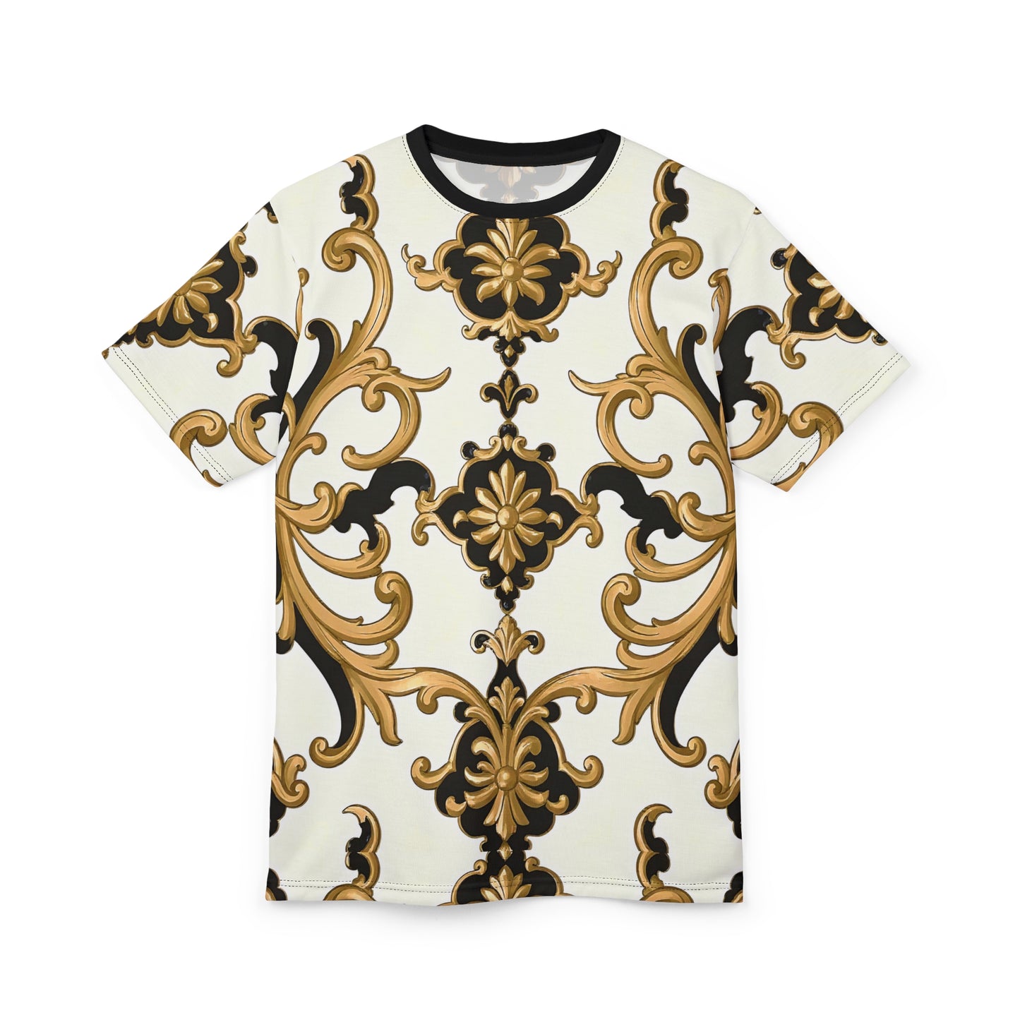 Elegant Baroque Print Tee, Unisex Fashion Top, Stylish Casual Wear, Perfect Gift for Fashion Lovers - Black & Gold Rococo