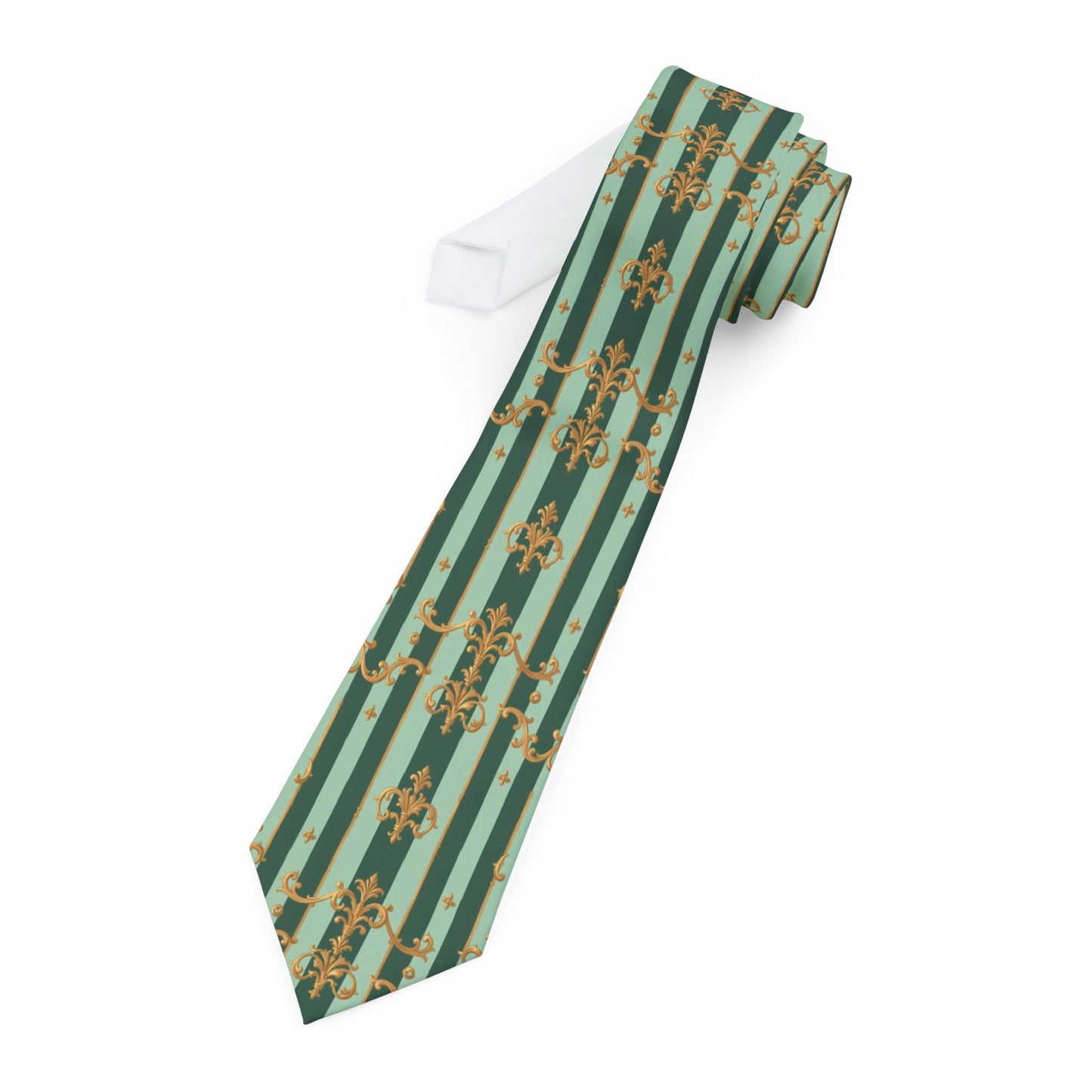 Elegant Floral Necktie, Unique Tie for Weddings, Business Meetings, Gifts for Him, Holiday Accessories - Mint Green & Teal Striped Gold Baroque