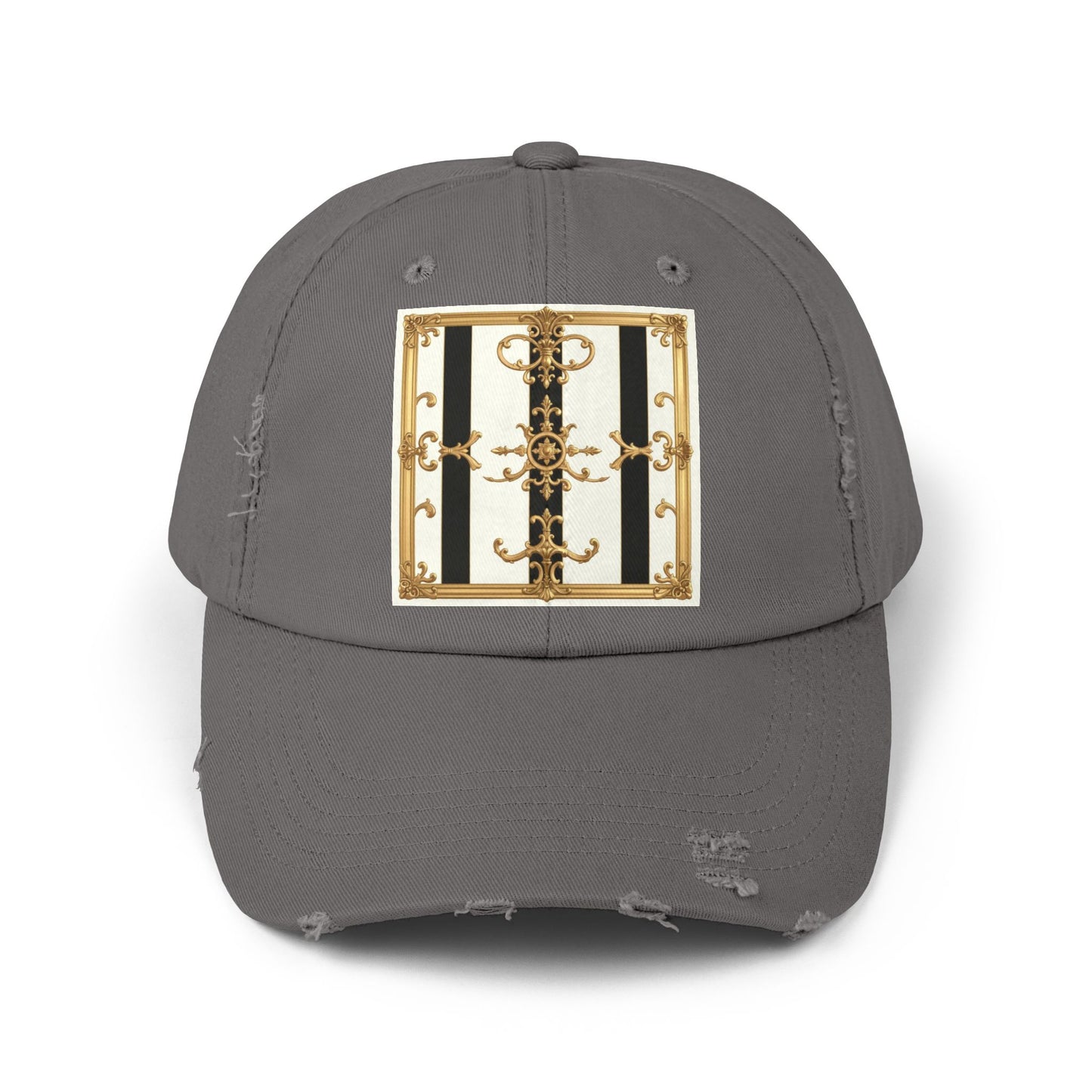 Stylish Distressed Cap with Unique Gold Design, Trendy Hat, Casual Wear, Gift for Him/Her - Black & White Striped Gold Baroque