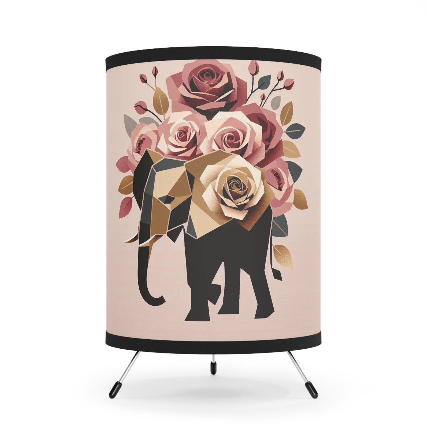 Boho Elephant Tripod Lamp with Floral Design - High-Res Printed Shade -  Black & Gold Elephant & Roses Design