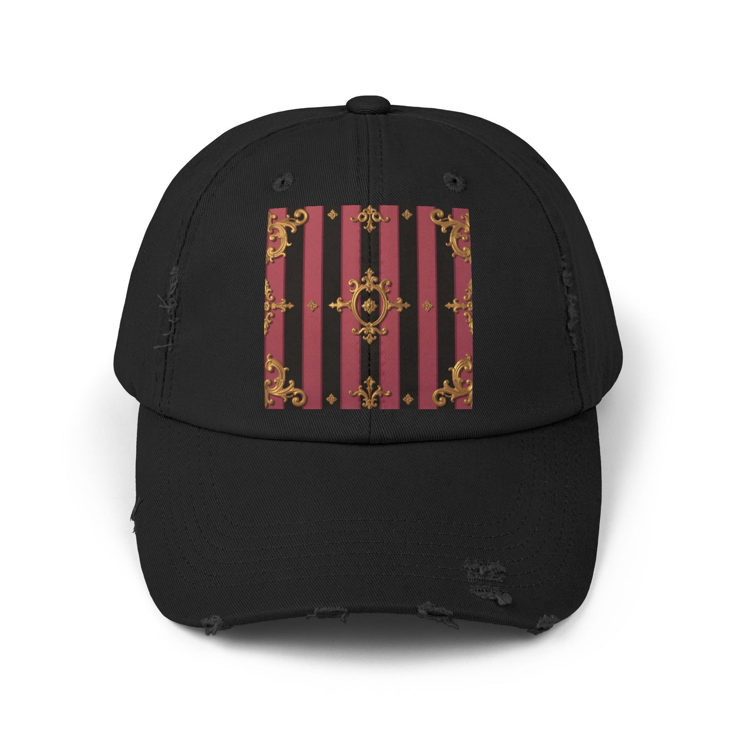 Chic Black & Mauve Striped Gold Baroque Distressed Cap, Trendy Hat, Vintage Style Cap, Gift for Him/Her, Casual Accessory