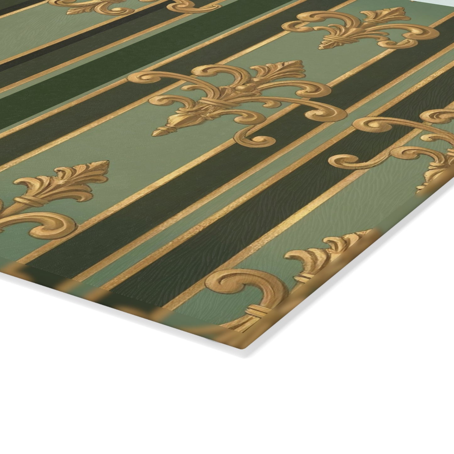 Elegant Glass Cutting Board with Fleur de Lis Design, Kitchen Decor, Wedding Gift, Housewarming Gift, Culinary Art - Green Striped Gold Baroque