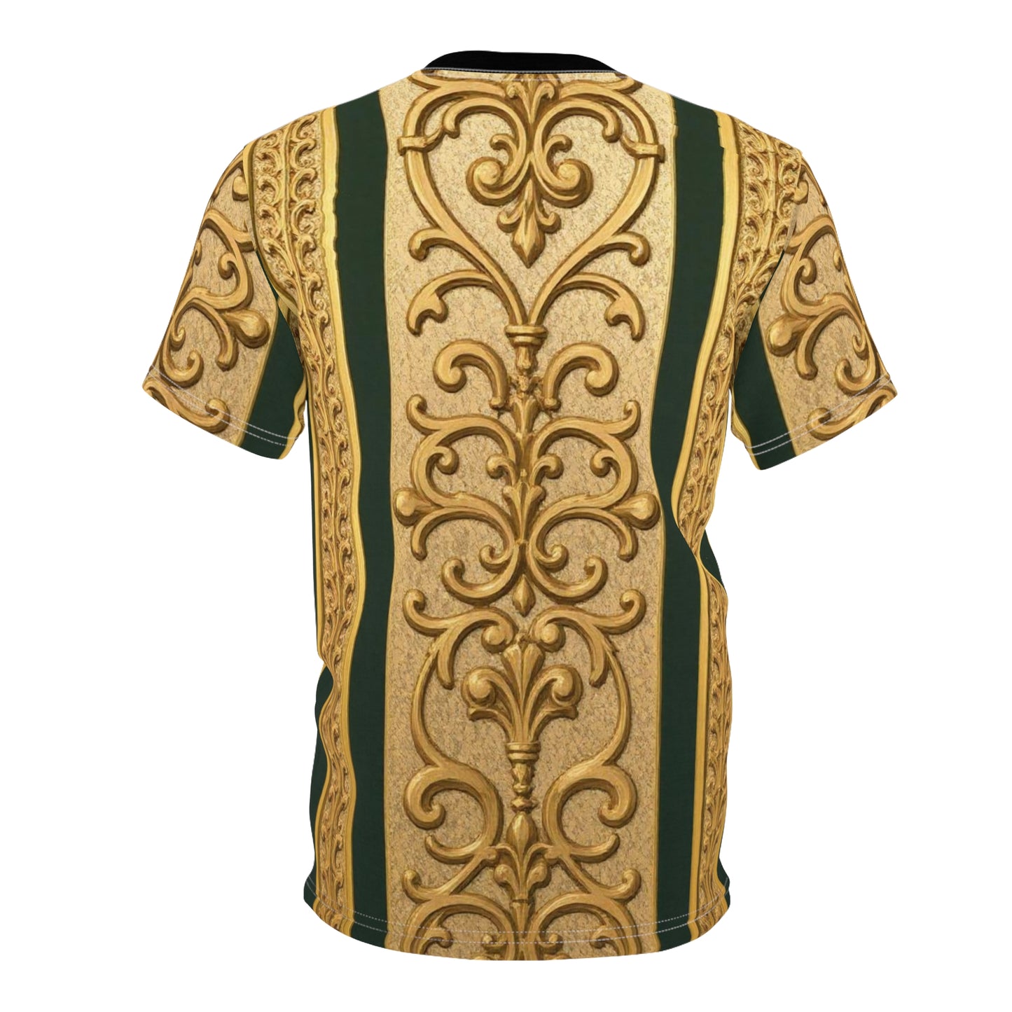 Elegant Teal Striped Gold Baroque Ornate Unisex Tee, Boho Chic Shirt, Gift for Art Lovers, Unique Art Top, Fashion Statement Tee