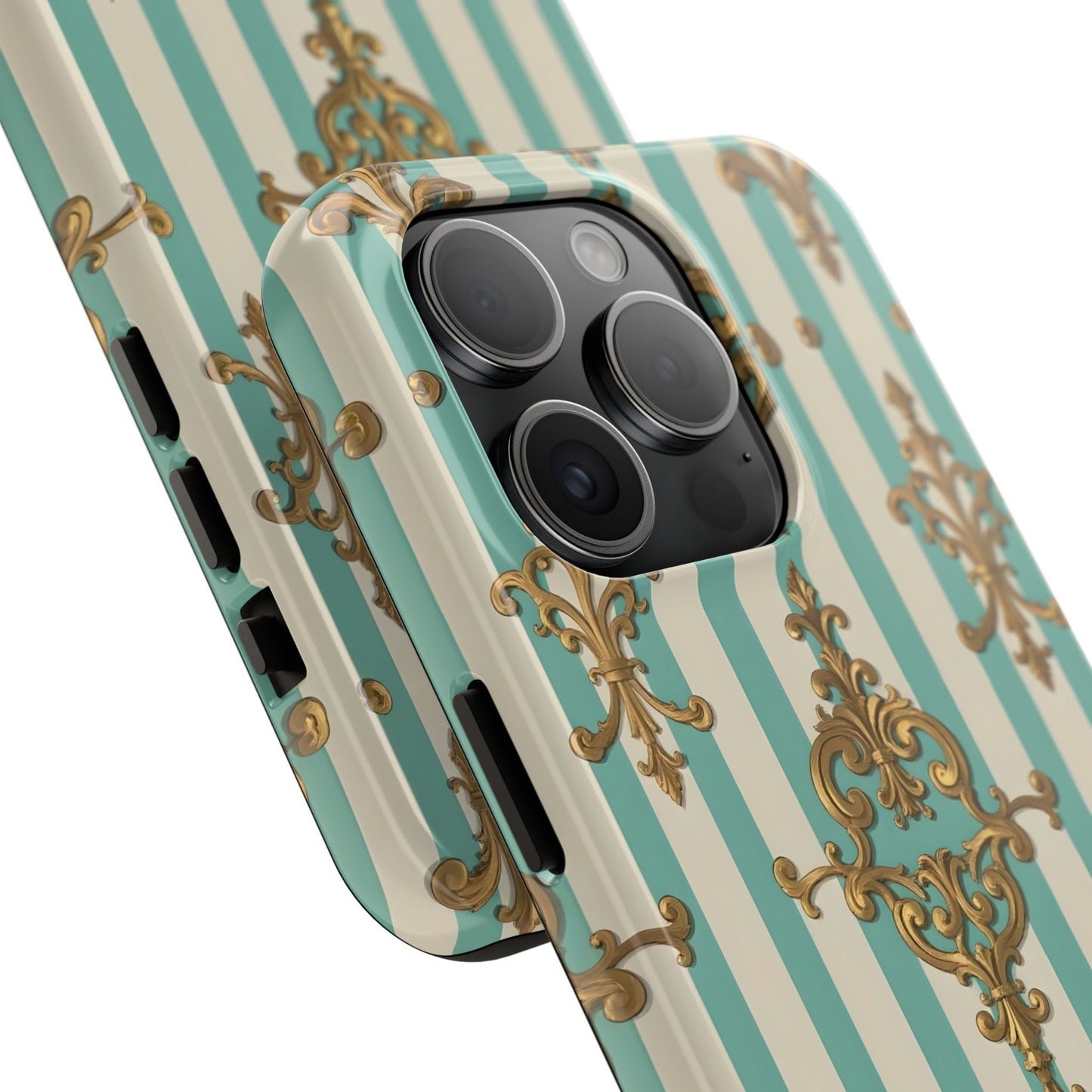 Elegant Striped Phone Case with Vintage Design, Tough Phone Cover, Stylish Smartphone Case - Matte Green Striped Rococo