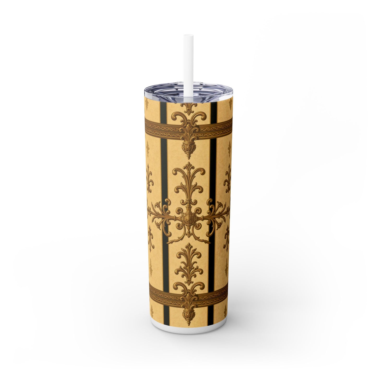 Elegant Vintage Skinny Tumbler, 20oz Insulated Drink Cup, Perfect for Home, Office, Gifts, Holidays, Travel - Matte Yellow Striped Antique Rococo
