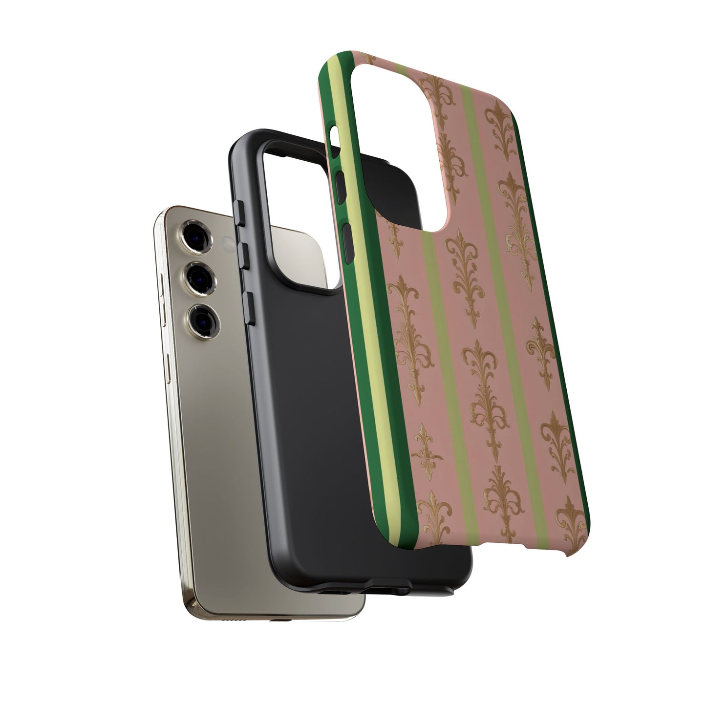 Elegant Floral Motif Phone Case - Tough Cases with Vintage Design - Lime Green & Pink Striped Damask