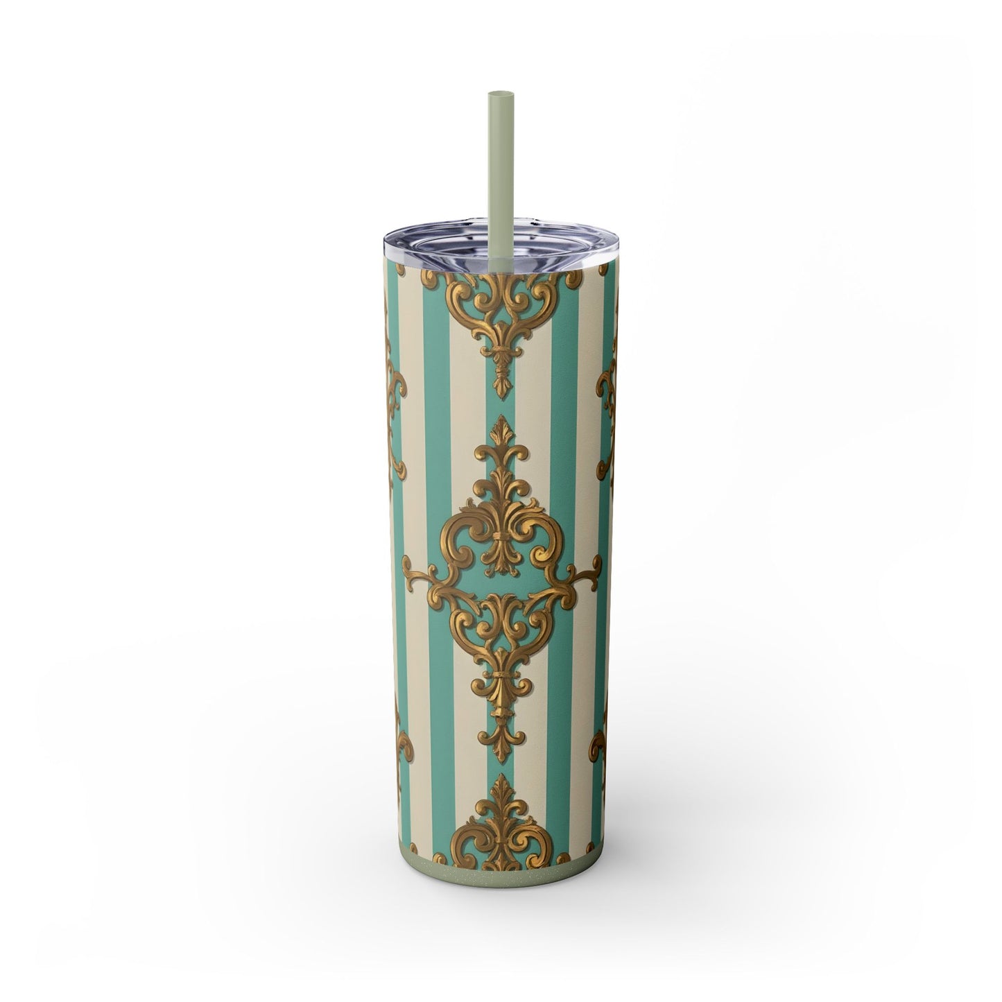 Elegant Vintage Skinny Tumbler with Straw, 20oz, Stylish Drinkware, Perfect Gift for Home, Coffee Lovers - Matte Green Striped Rococo