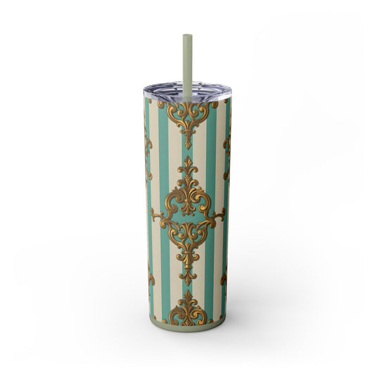 Elegant Vintage Skinny Tumbler with Straw, 20oz, Stylish Drinkware, Perfect Gift for Home, Coffee Lovers - Matte Green Striped Rococo