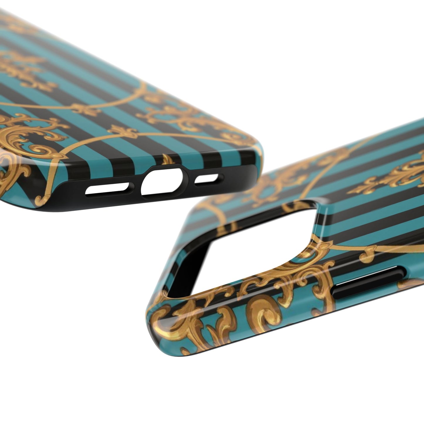 Elegant Turquoise & Black Striped Gold Baroque Phone Case, Tough Phone Cases for Fashion Lovers, Gift for Her, Luxury Accessories