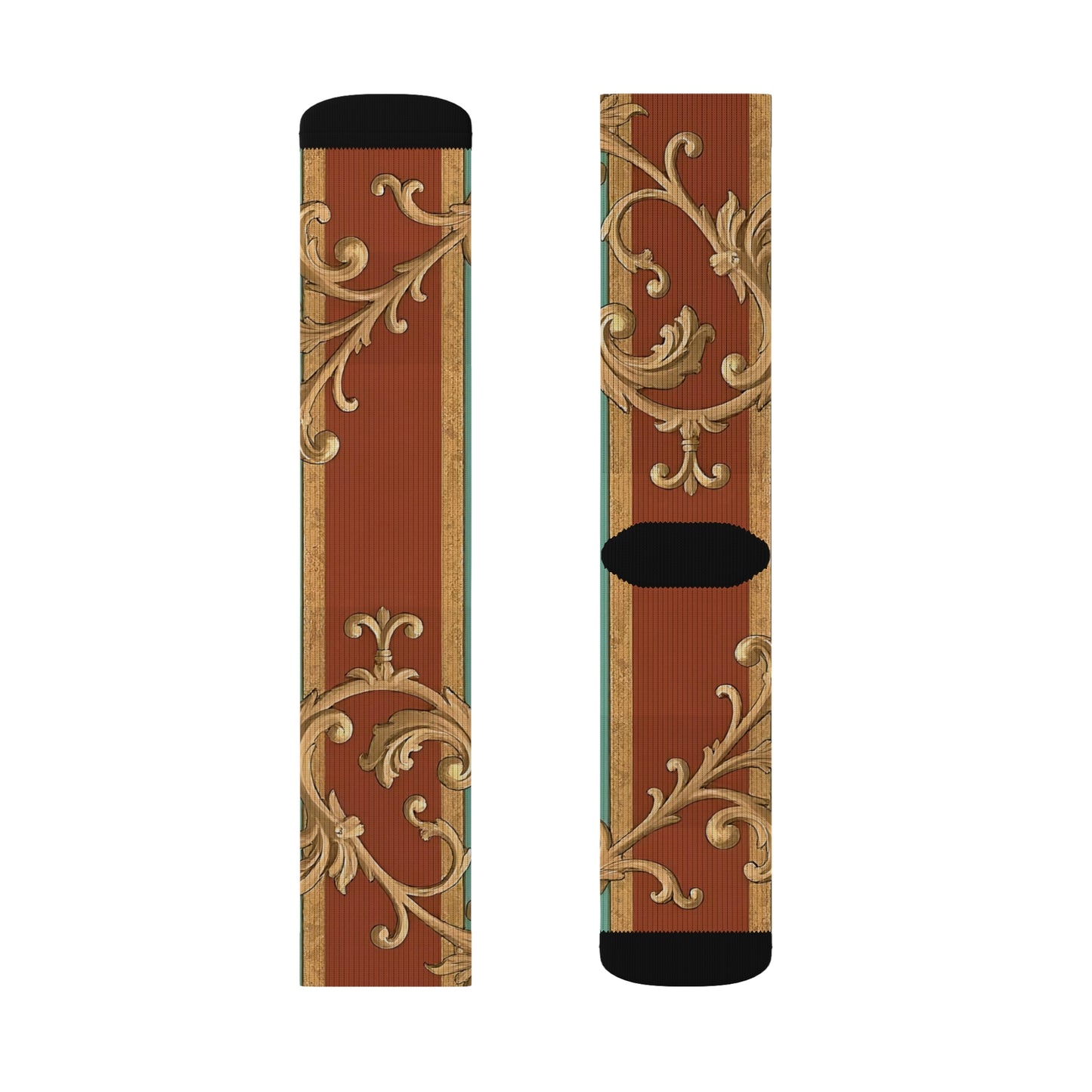 Elegant Sublimation Socks | Stylish Accessories, Gift for Him or Her, Cozy Winter Footwear - Rust & Mint Aqua Striped Baroque