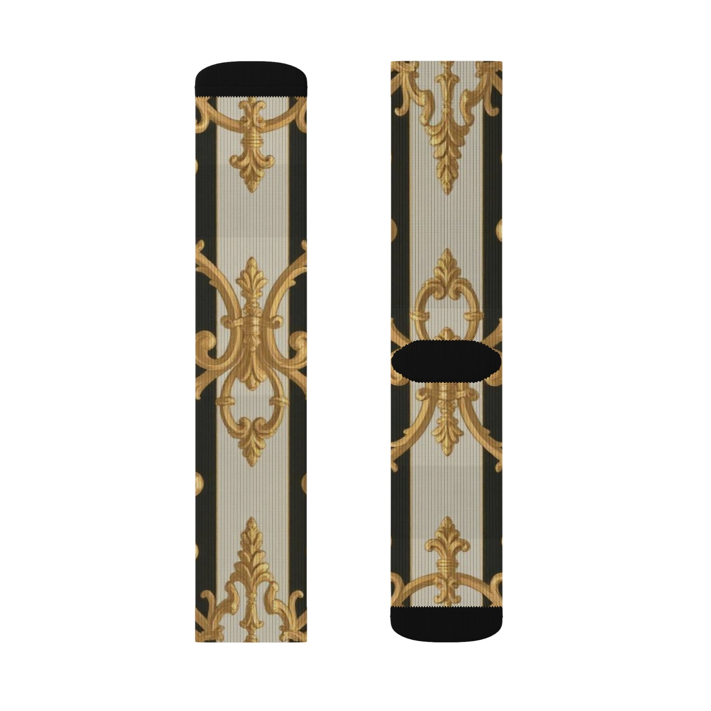 Luxurious Black & Alabaster Striped Baroque Patterned Socks - Stylish Sublimation Socks for Daily Wear, Gifts, Fashion Accessories, Special Occasions