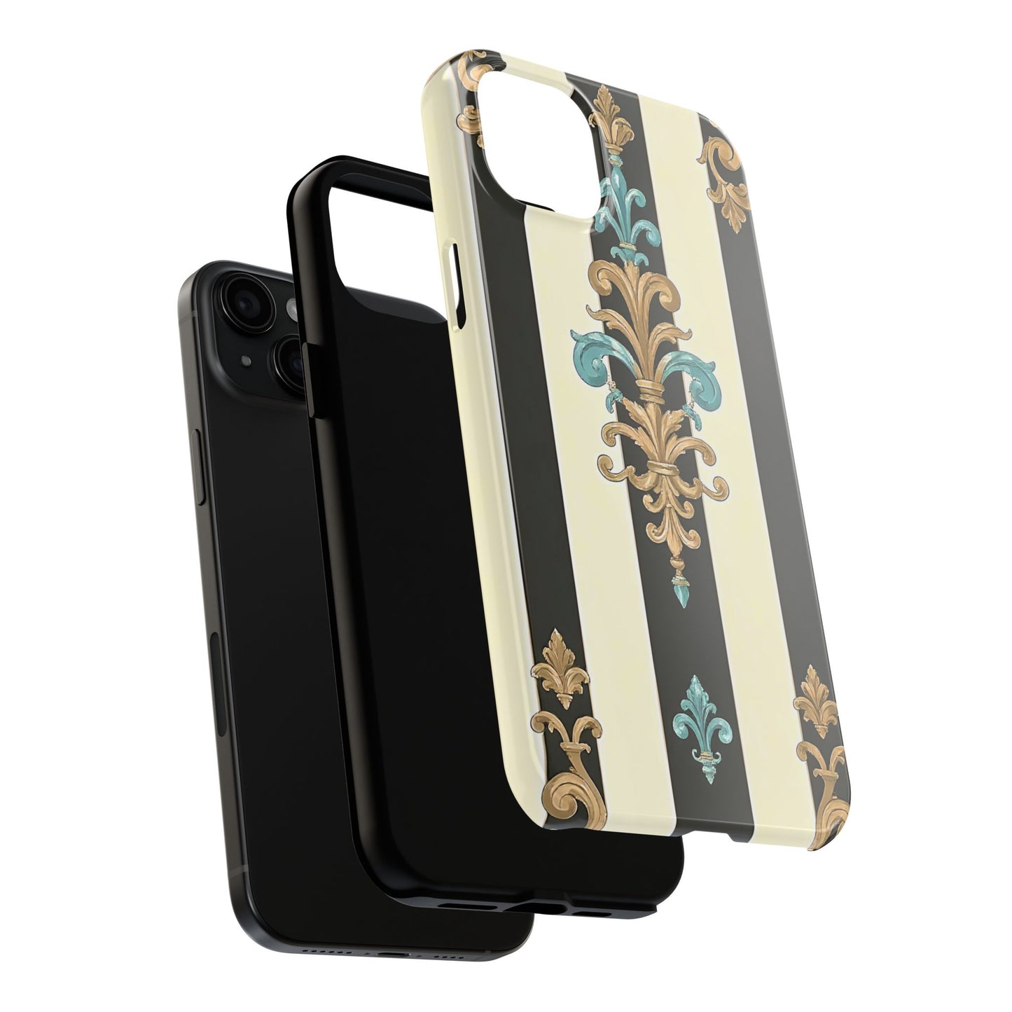 Elegant Vintage Tough Phone Cases, Stylish Phone Accessories, Quality Protection, Gifts for Her - Black Striped Turquoise & Black Rococo